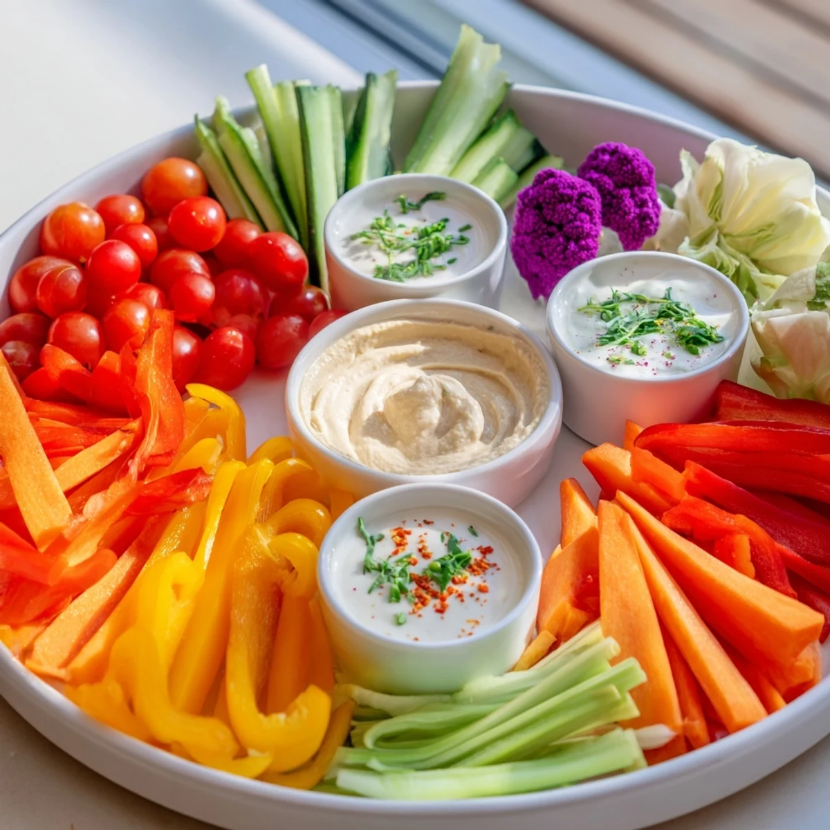 Fresh, crisp Rainbow Vegetable Dips display with crunchy vegetables and creamy yogurt, beet, and avocado dips.