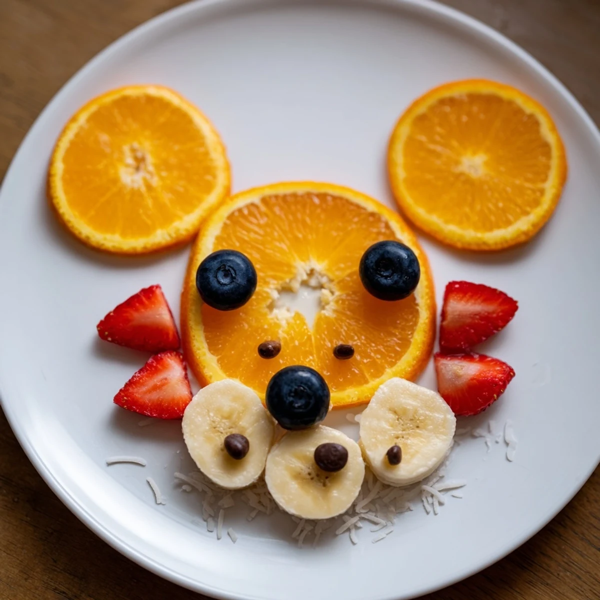 Vibrant orange slices form a cute bear face on this fruit board, a fun snack for kids.