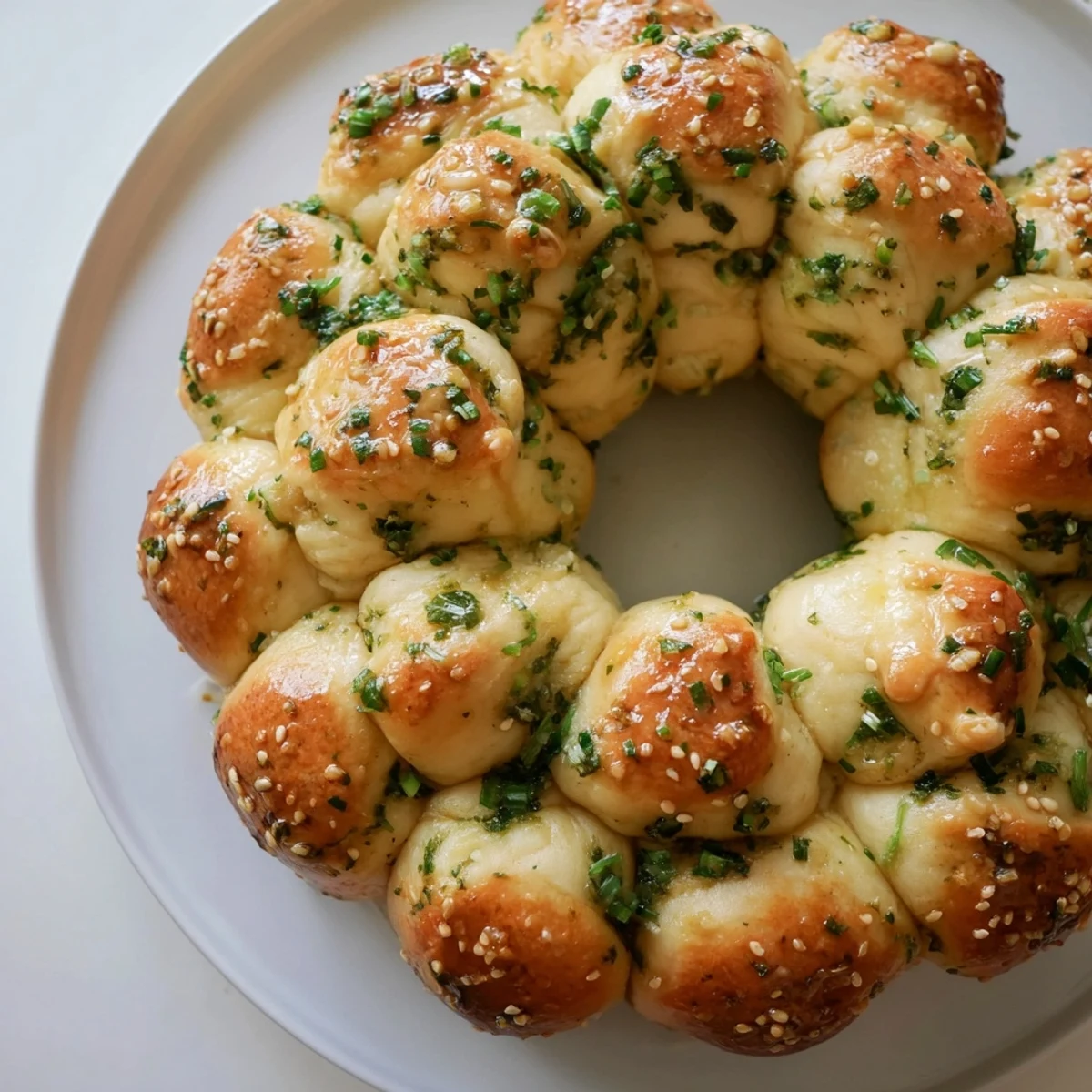 Golden-brown Festive Pull-Apart Bread Wreath, a savory treat filled with herbs and cheesy goodness.