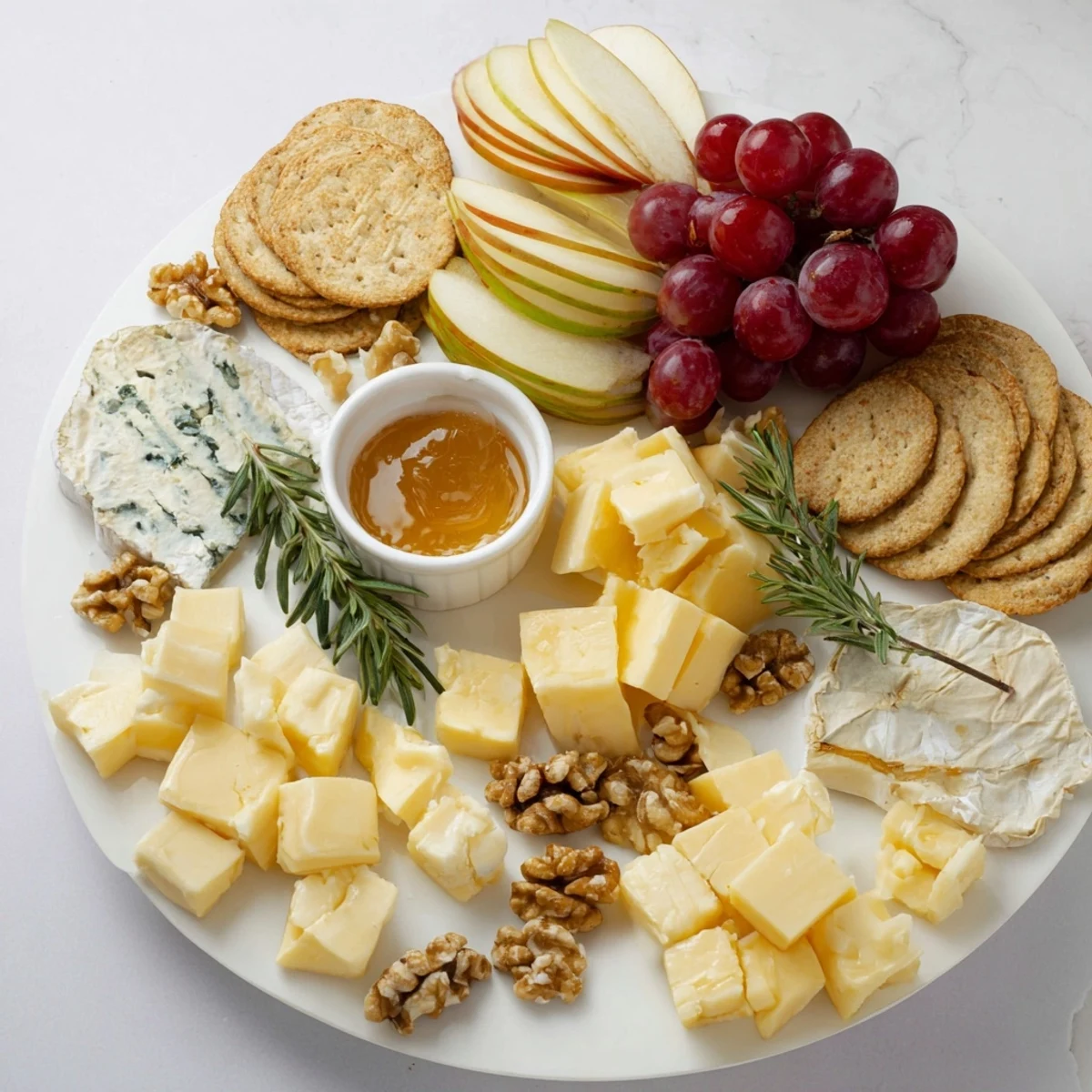 Vibrant cheese plate with Brie, cheddar, and grapes, perfect for a gathering or easy appetizer.