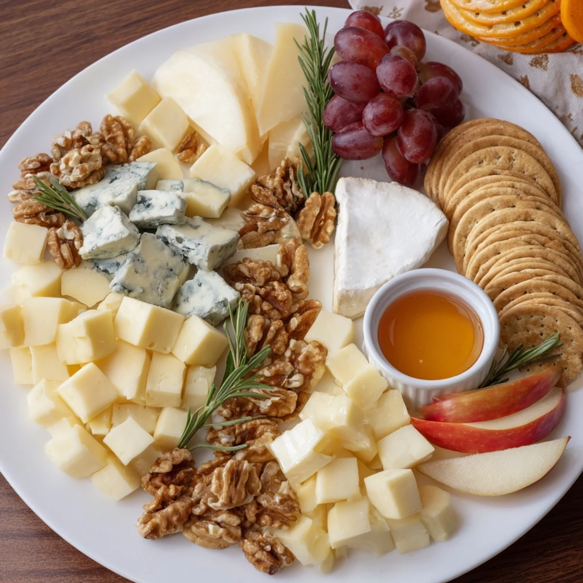 Explore a delicious cheese plate: assorted cheeses, cracker rings, and glistening grapes ready to enjoy.