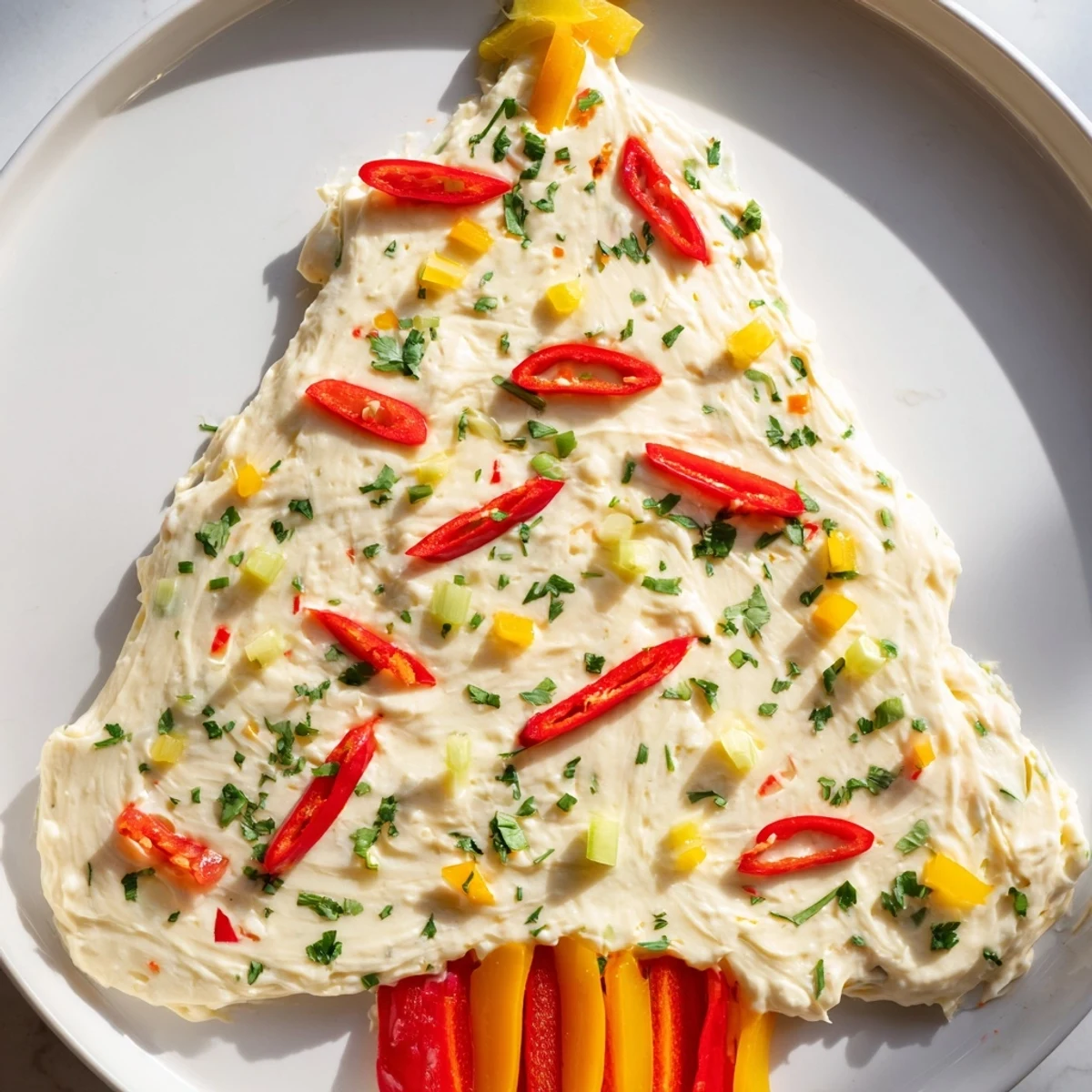 Bright red chili pepper rings top this flavorful Chili Pepper Christmas Tree Dip at a holiday party.