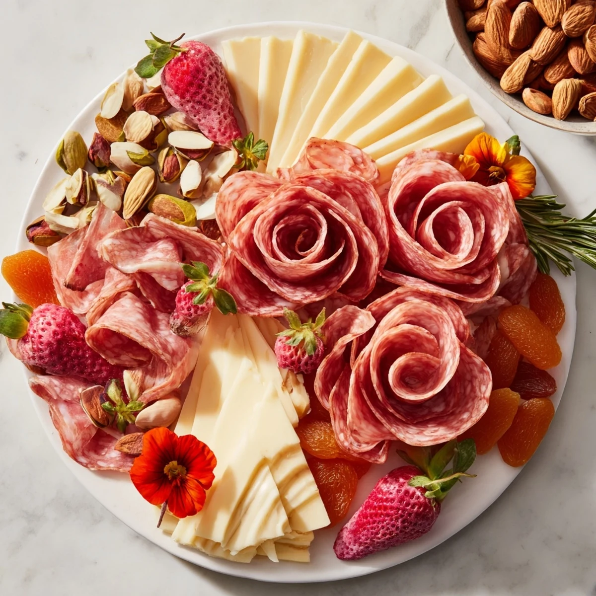 Enjoy this gorgeous Meat and Cheese Rose Garden Board, described by its elegant meat roses and colorful fruits.