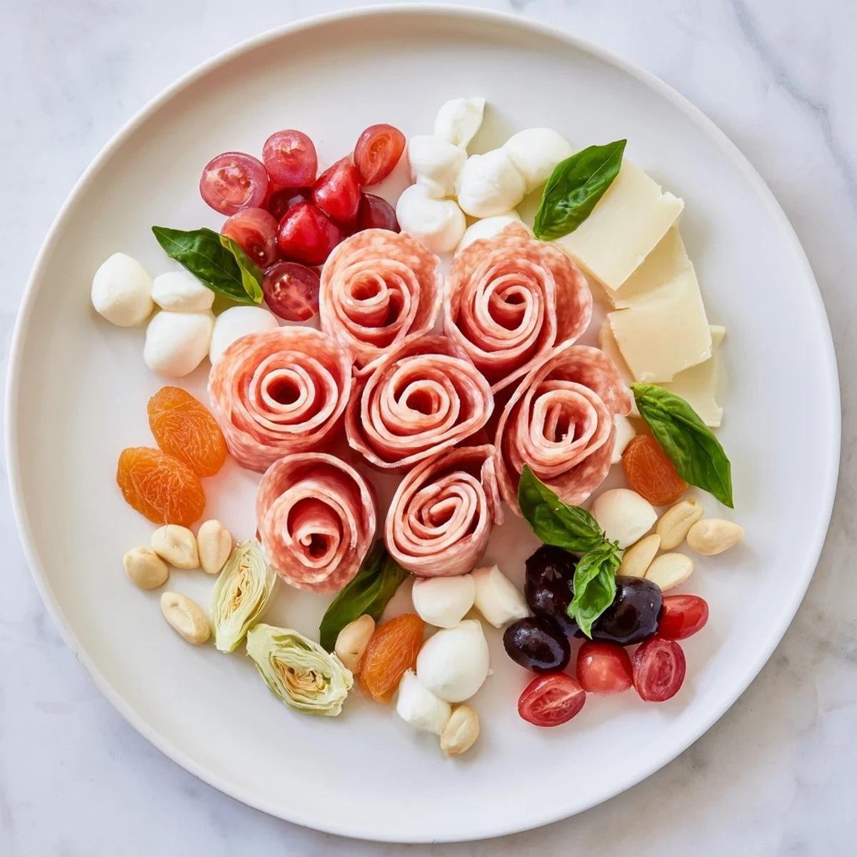 Prosciutto rose bouquet board with elegant prosciutto roses, cheese, and colorful fruits, perfect for an appetizer.