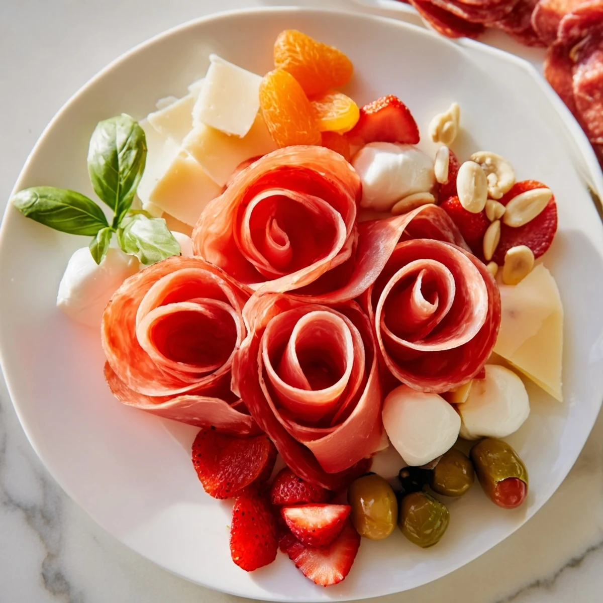 A gorgeous Prosciutto Rose Bouquet Board with creamy cheeses and fresh berries—a delightful and shareable party starter.