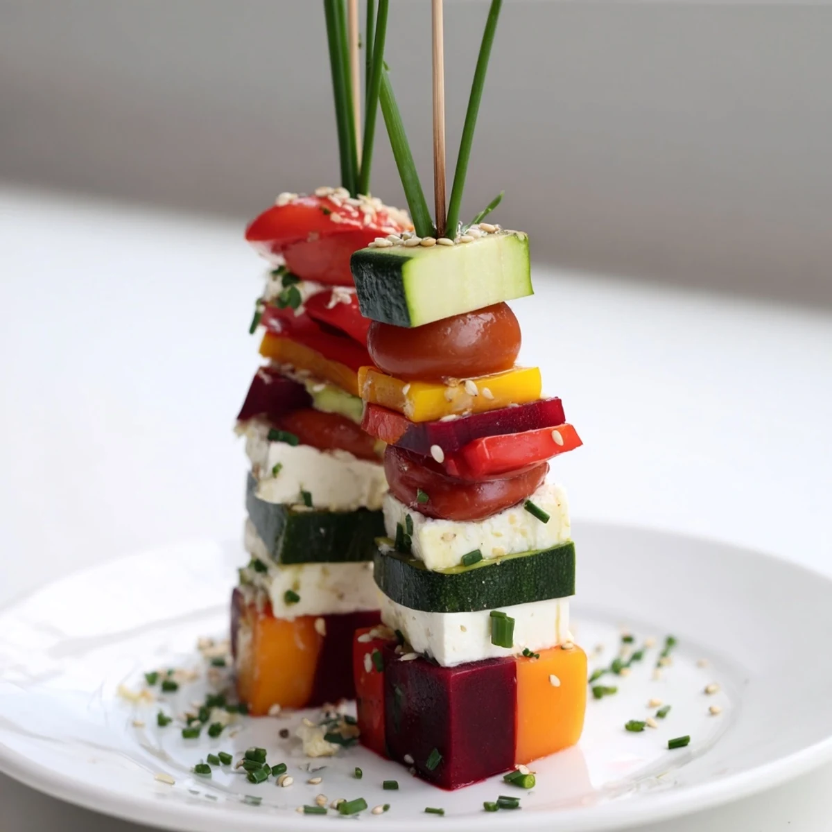 Beautifully arranged Stacked Gift Box Veggie Cubes, with chives "tying" vibrant vegetable and cheese components.