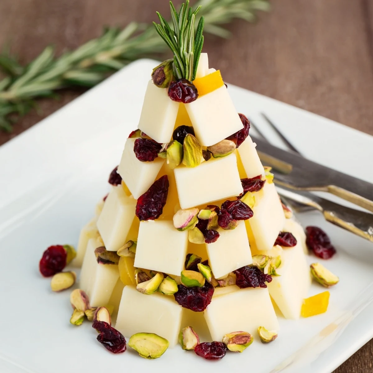 A beautiful holiday photo of a cranberry white cheddar tree featuring red cranberries and green rosemary sprigs.