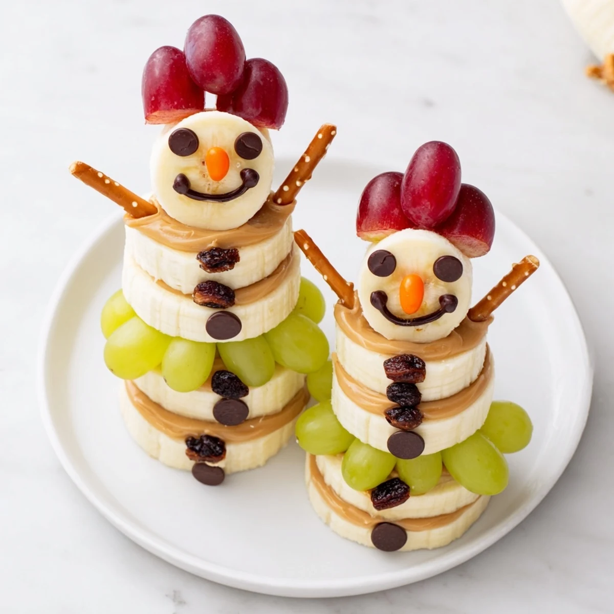 Smiling banana peanut butter snowmen, a delightful and healthy snack, displayed on a plate ready to serve.