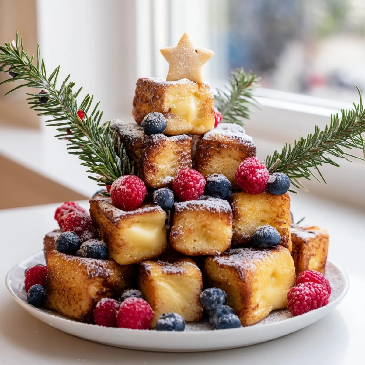 This image shows freshly dusted Eggnog French Toast Bites, ready to enjoy with a drizzle of maple syrup.