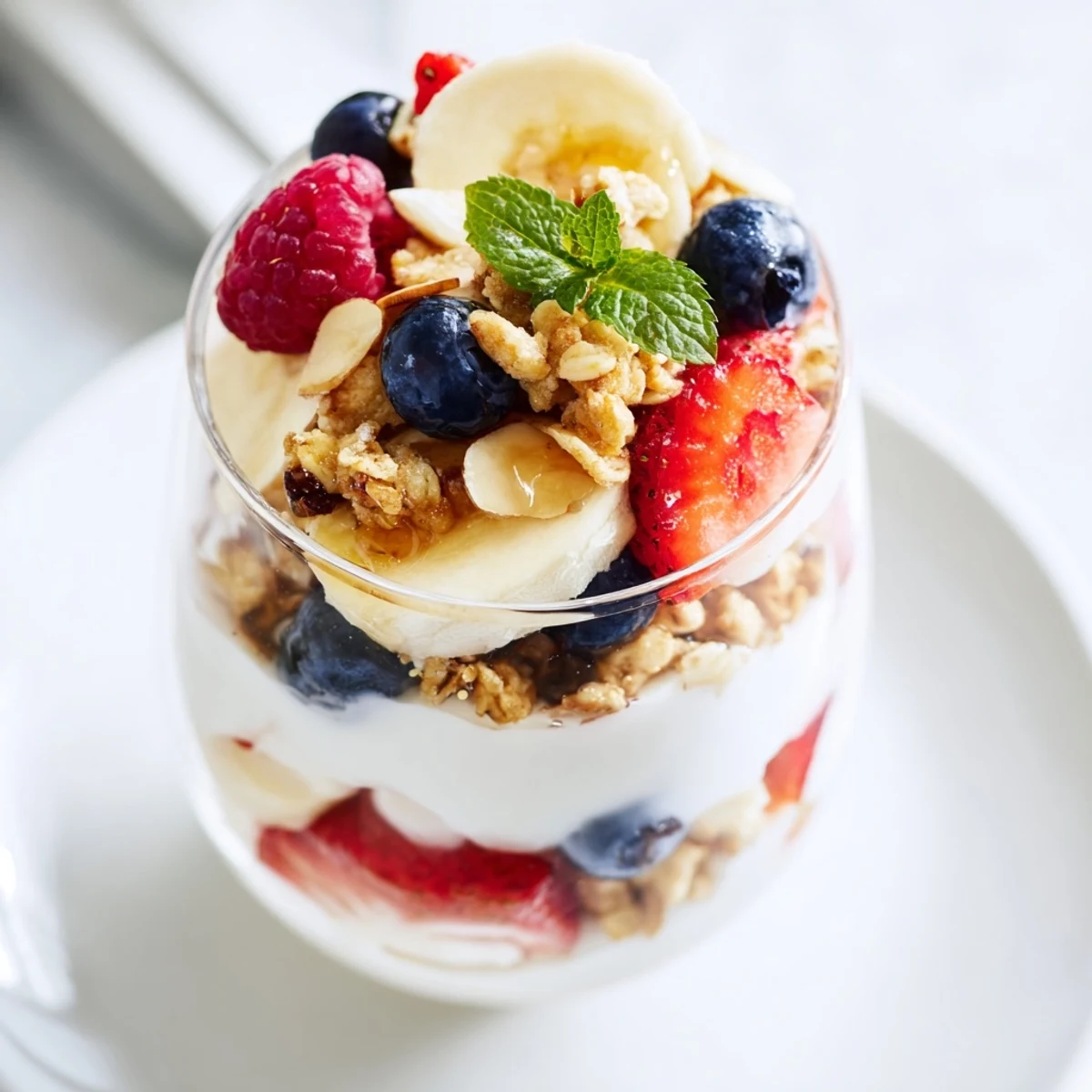Cool, layered yogurt and granola parfait glasses topped with fresh fruit and a drizzle of honey.