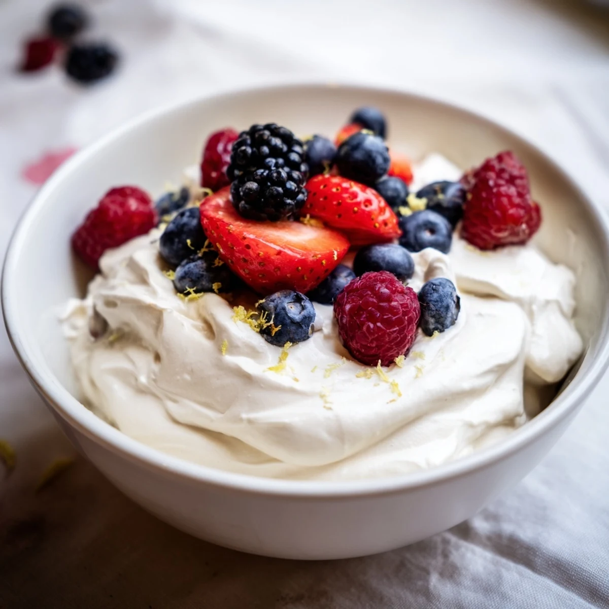 A beautiful bowl of Fluffy Cream Cheese Fruit Dip alongside scattered strawberries, inviting a sweet treat.
