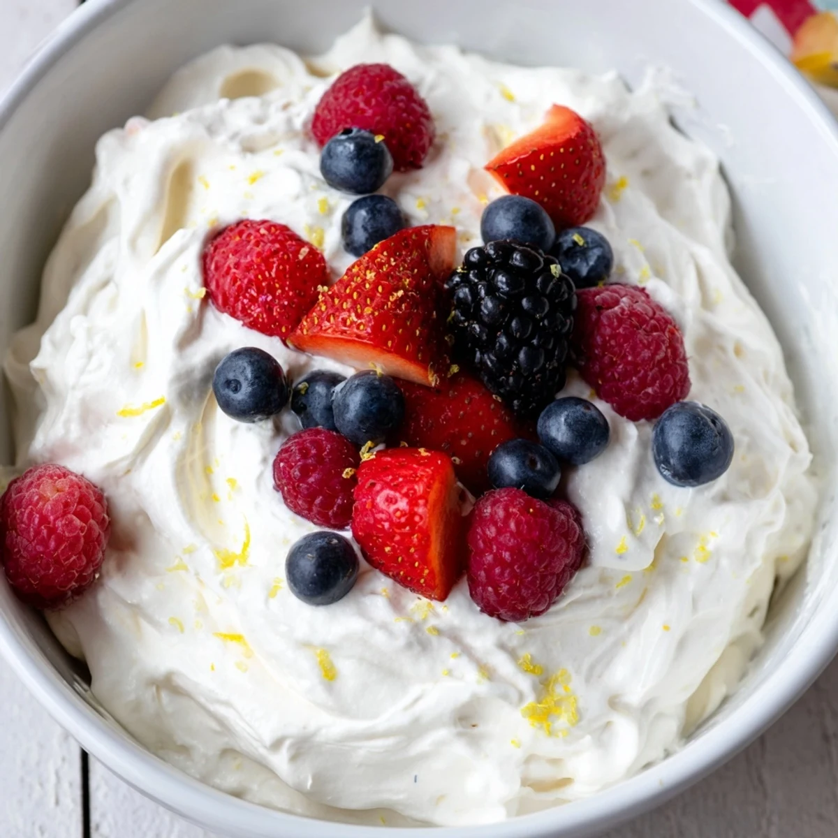 Close-up of creamy Fluffy Cream Cheese Fruit Dip, showcasing mixed berries perfect for dipping and sharing.
