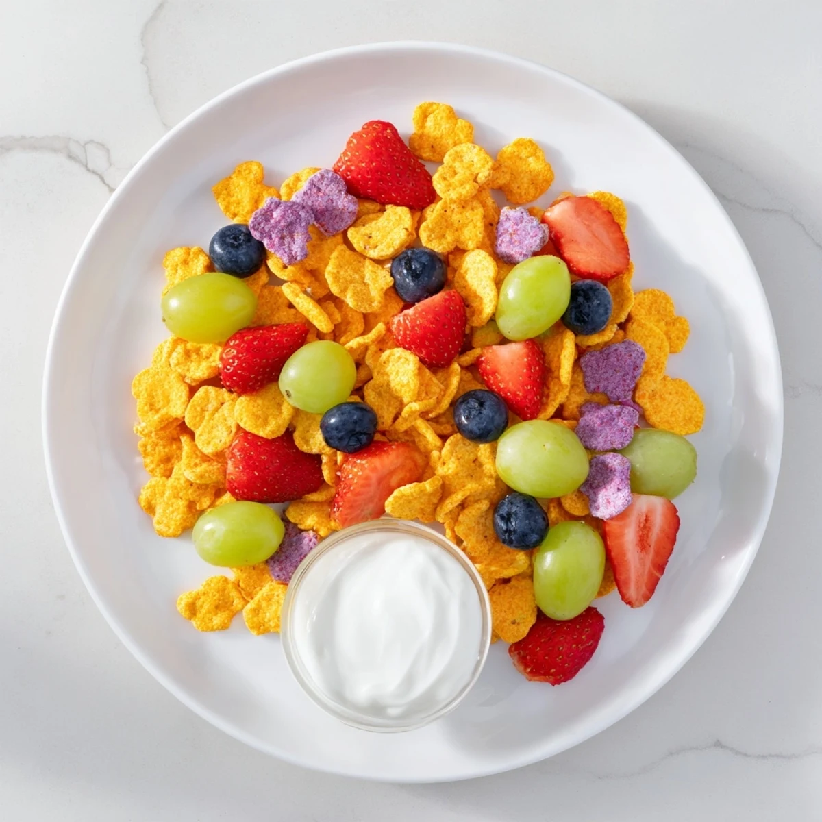 Close-up photo of rainbow Goldfish crackers with fresh berries and creamy yogurt, ready to eat.