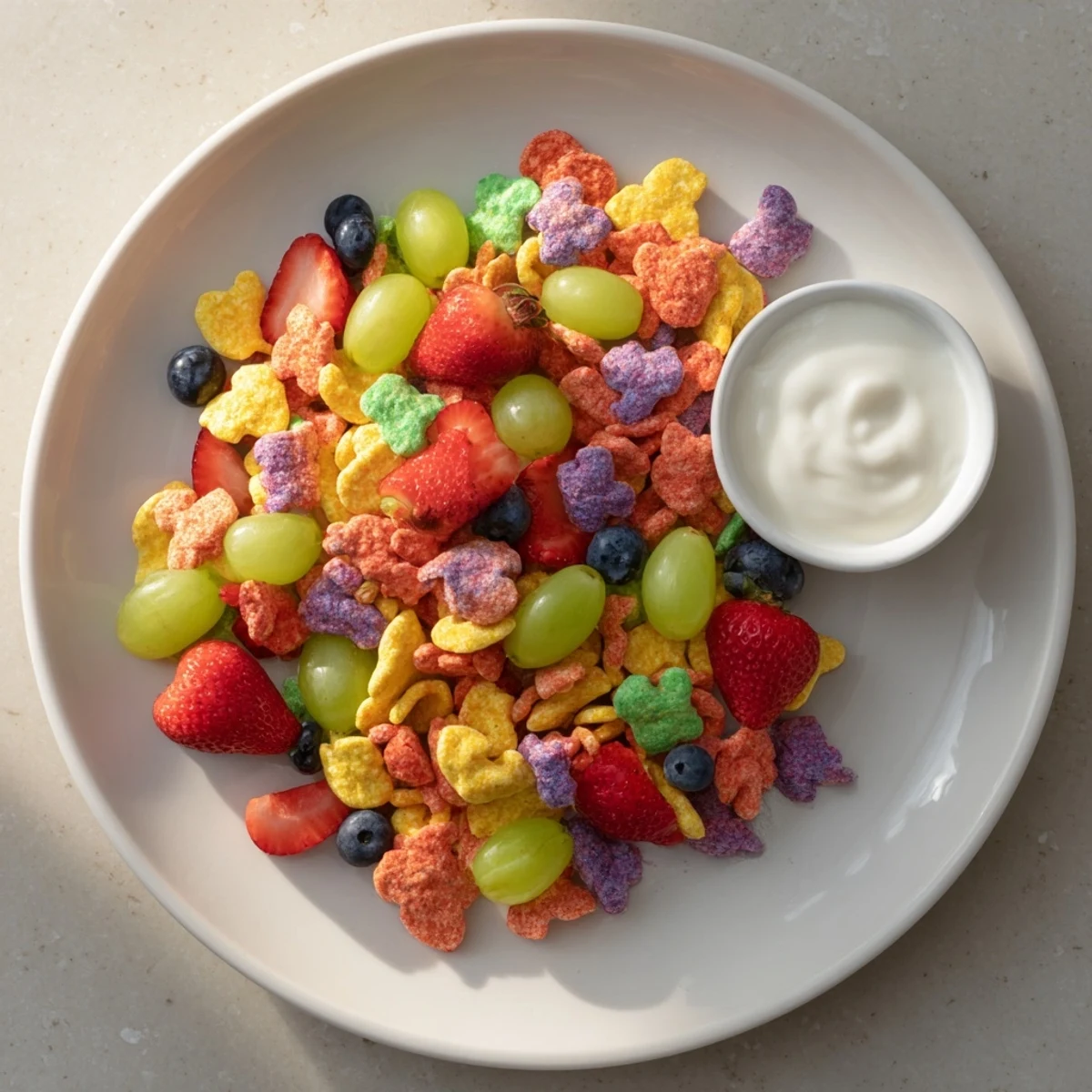 Plump blueberries and sliced strawberries surrounding a tasty pile of rainbow Goldfish crackers.