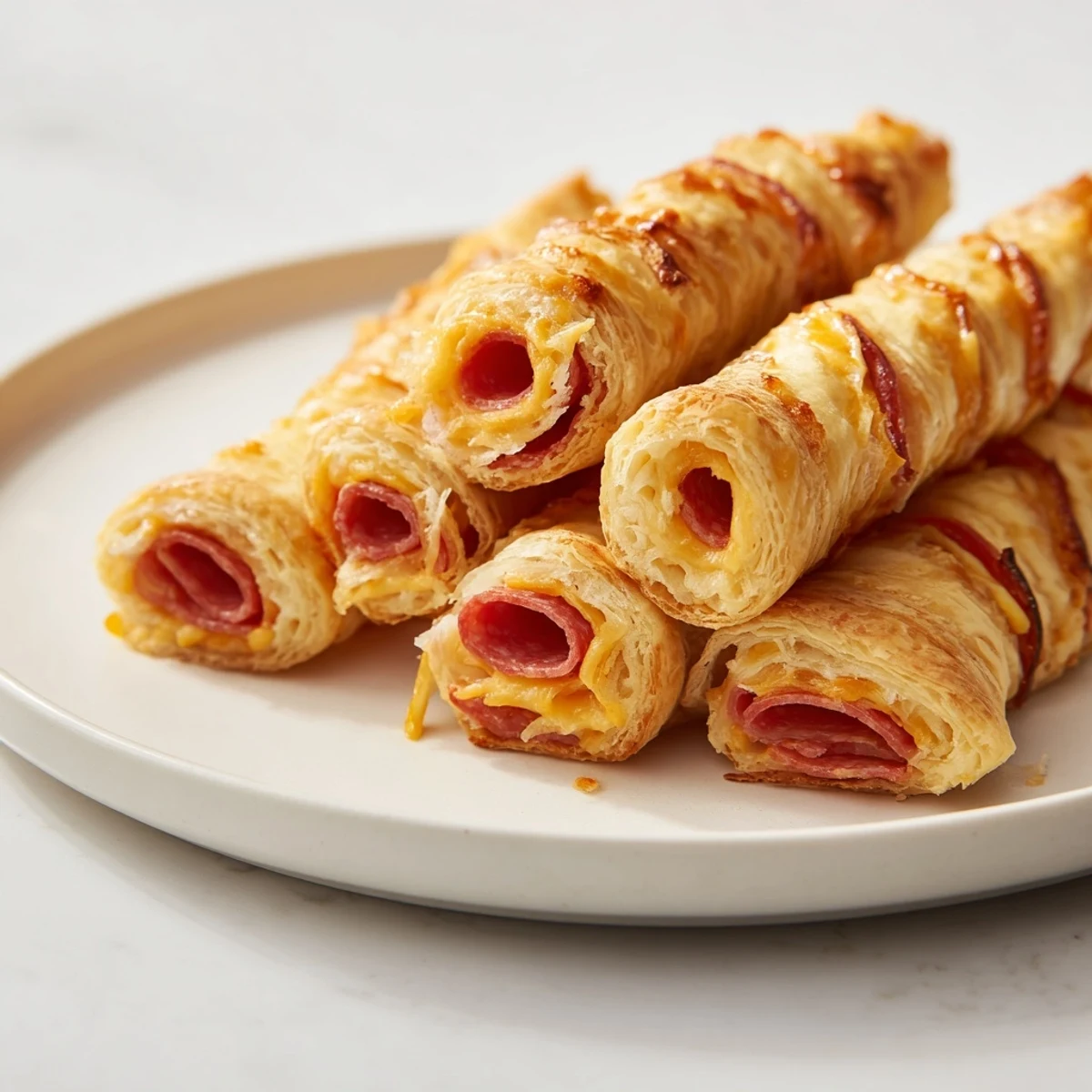 Golden, flaky Sliced Cheddar and Salami Scrolls, fresh from the oven, ready to enjoy.