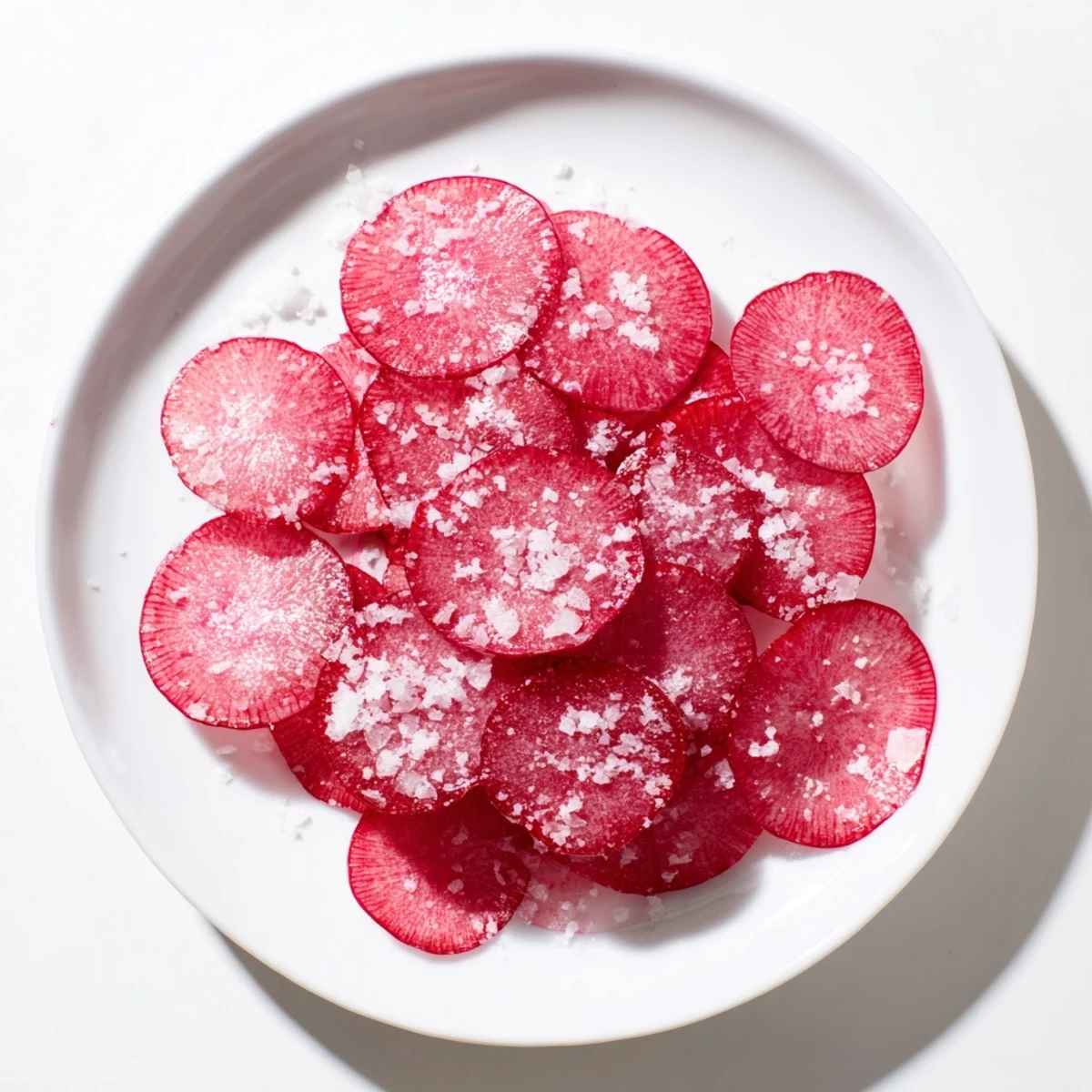 Close-up of the easy Radish Slices with Sea Salt, showing bright pink color sprinkled with flaky salt.