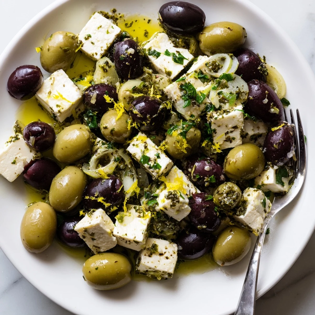 Enjoy a taste of the Mediterranean with this easy Holiday Mix: Mixed Olives and Feta cubes dish.