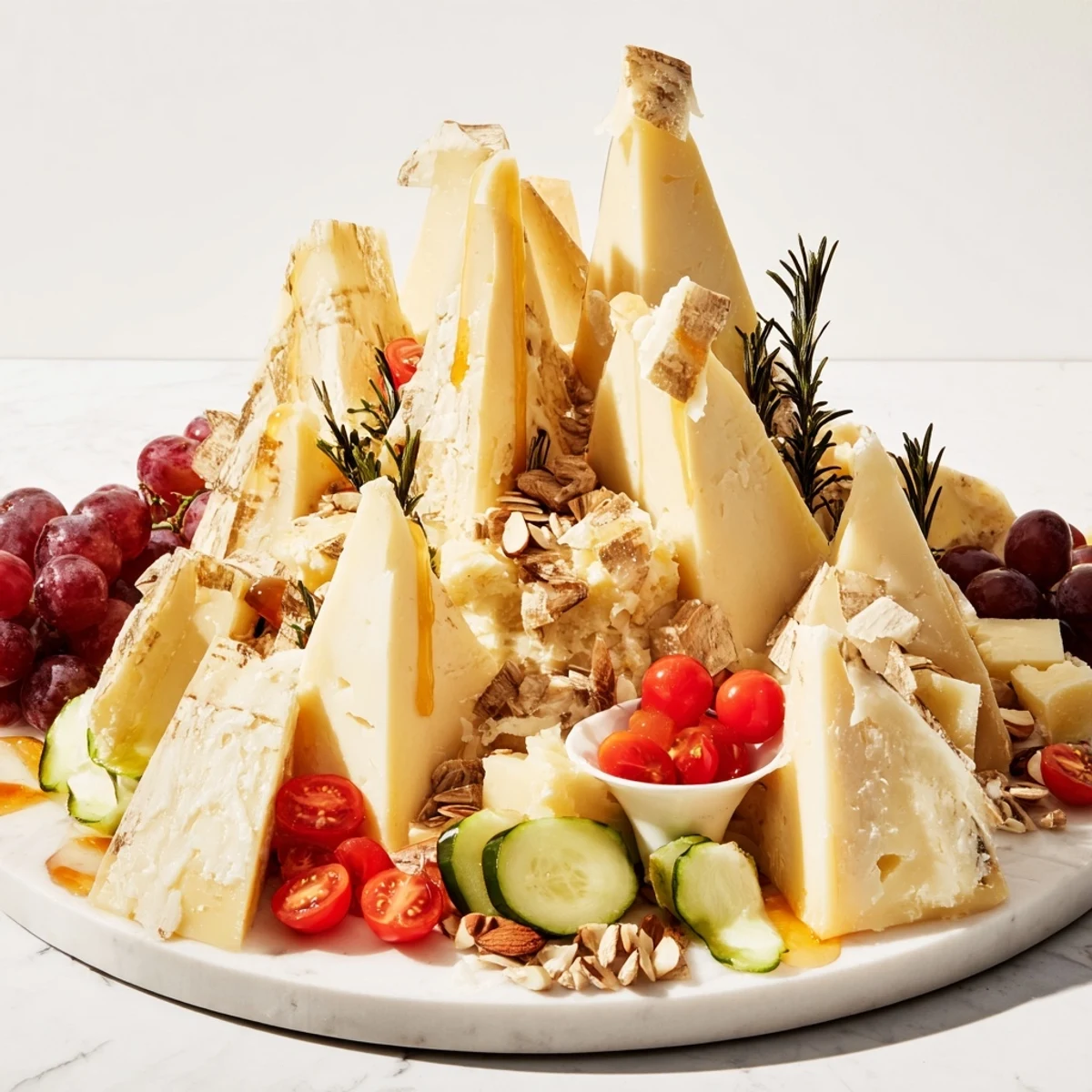 Sculptural Cheese Landscape: A beautiful cheese board featuring dramatic hard cheeses and colorful accompaniments.