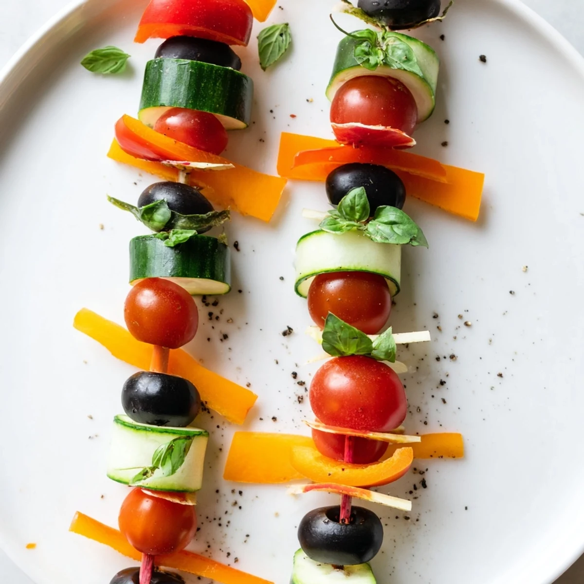 A visually stunning Double Helix Genetic Code appetizer, colorful vegetables and cheese arranged attractively.
