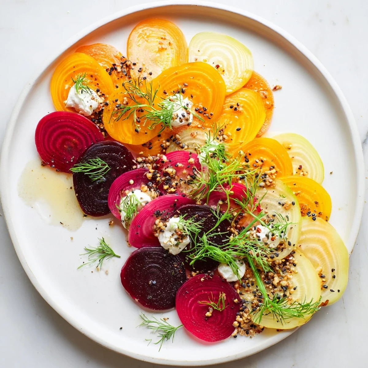 Kinetic Motion Blur appetizer features artfully arranged colorful vegetables and creamy goat cheese.