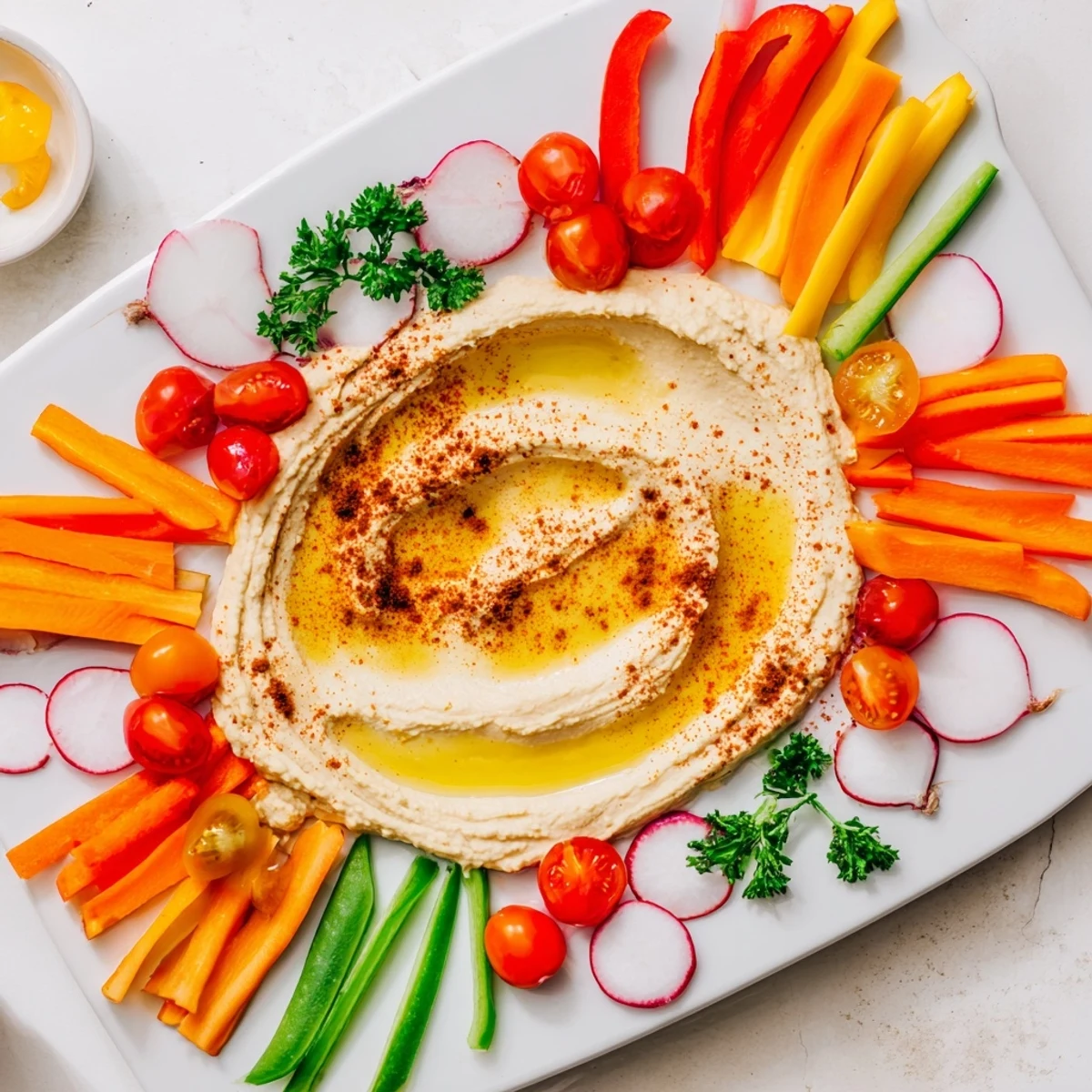 The River Delta Flow appetizer: a colorful arrangement of fresh veggies framing creamy hummus river.