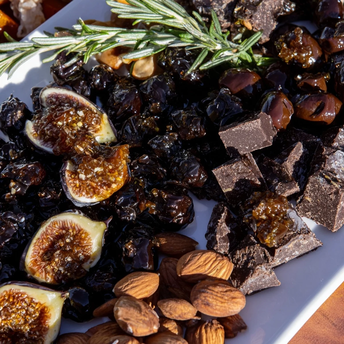 Delicious Winter Solstice Board featuring halved figs with Brie and dark chocolate, ideal appetizer.
