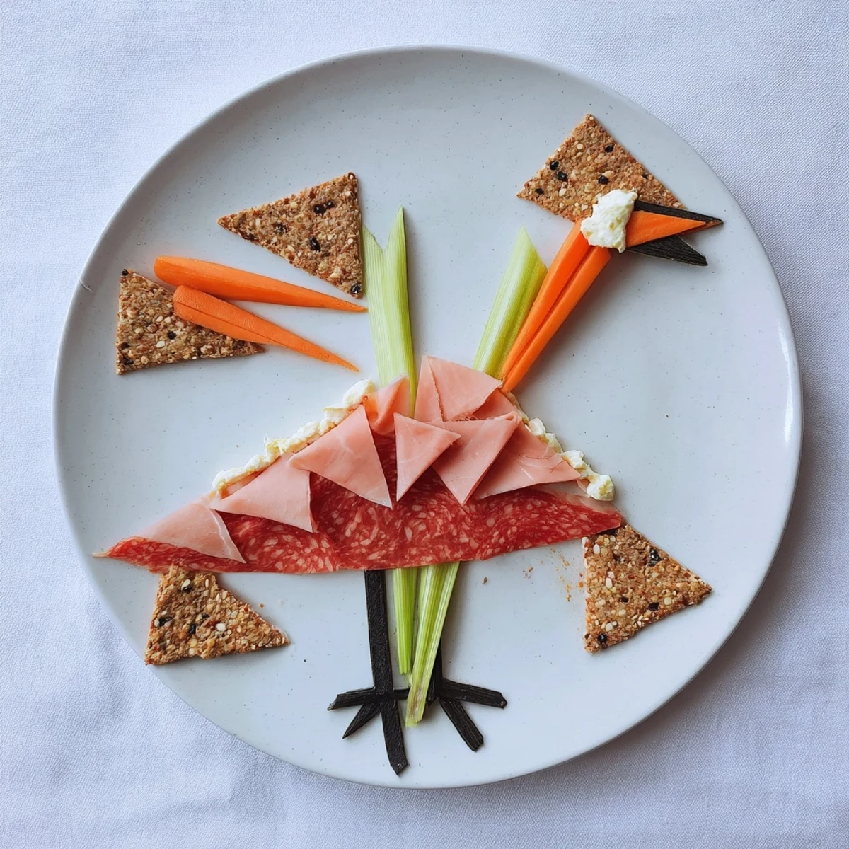 A beautiful Paper Crane appetizer featuring cured meats and crackers, ready to serve and impress.