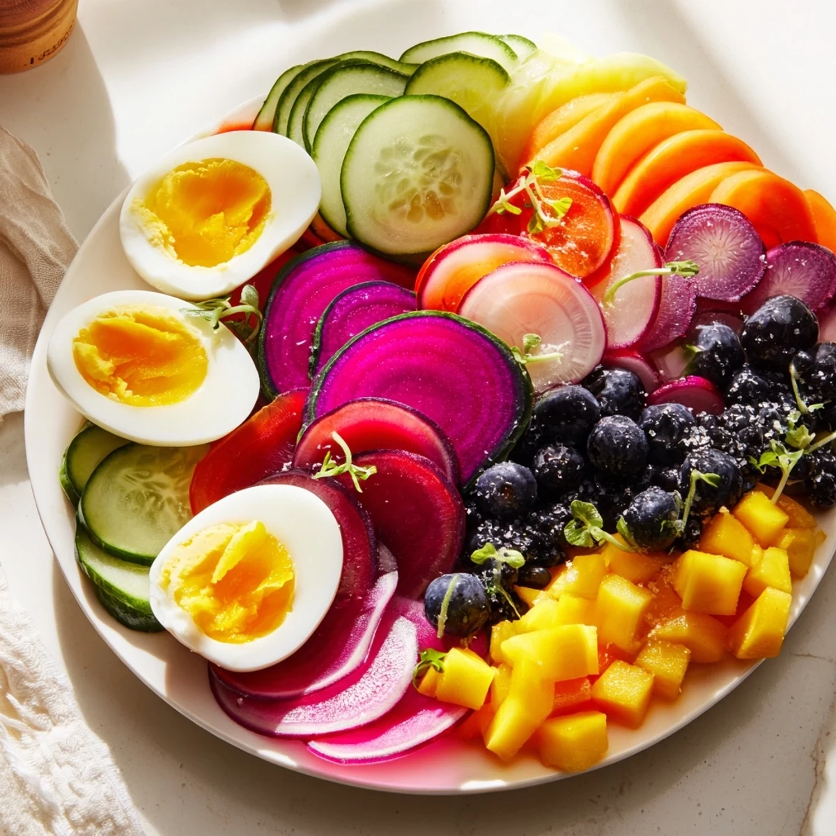 Enjoy a visually striking The Neon Night spread, featuring an assortment of colorful pickled elements and fresh fruits.