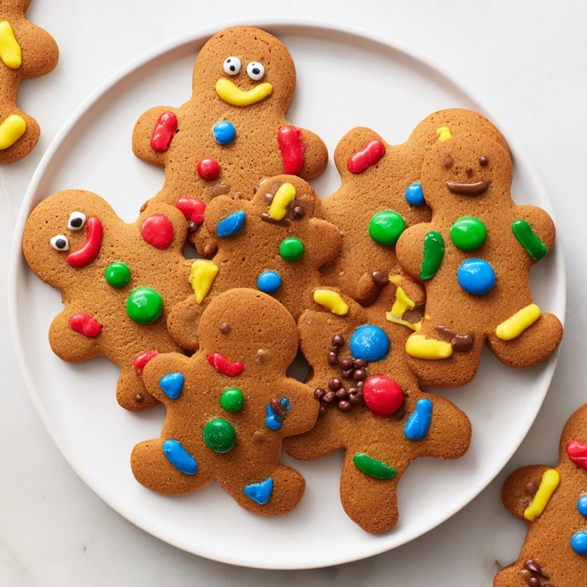 A close-up of the DIY Gingerbread People decorating kit, displaying frosted cookies alongside colorful candy options.