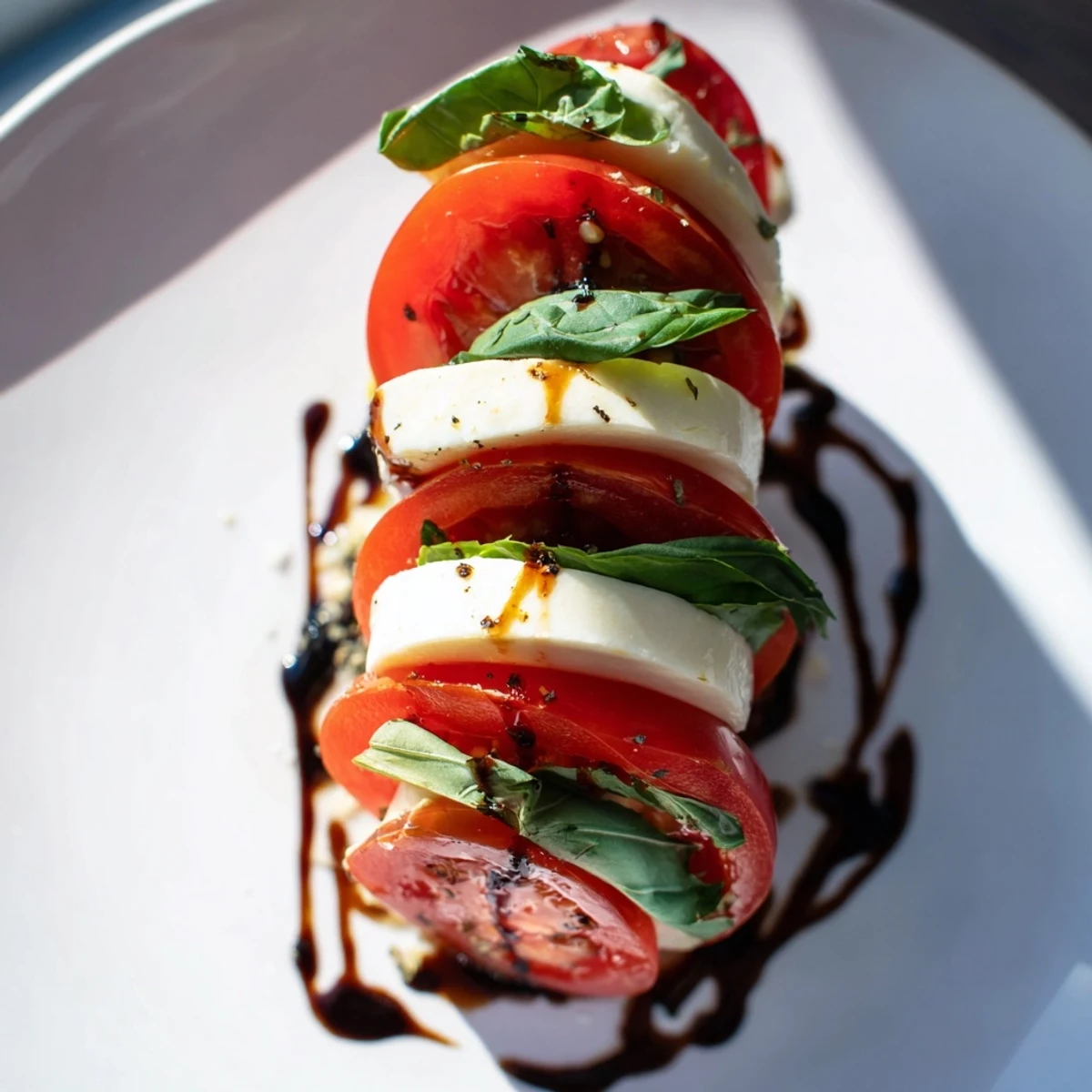 A beautiful Tuscan Pillar appetizer: layers of tomato, mozzarella, basil, drizzled with olive oil.