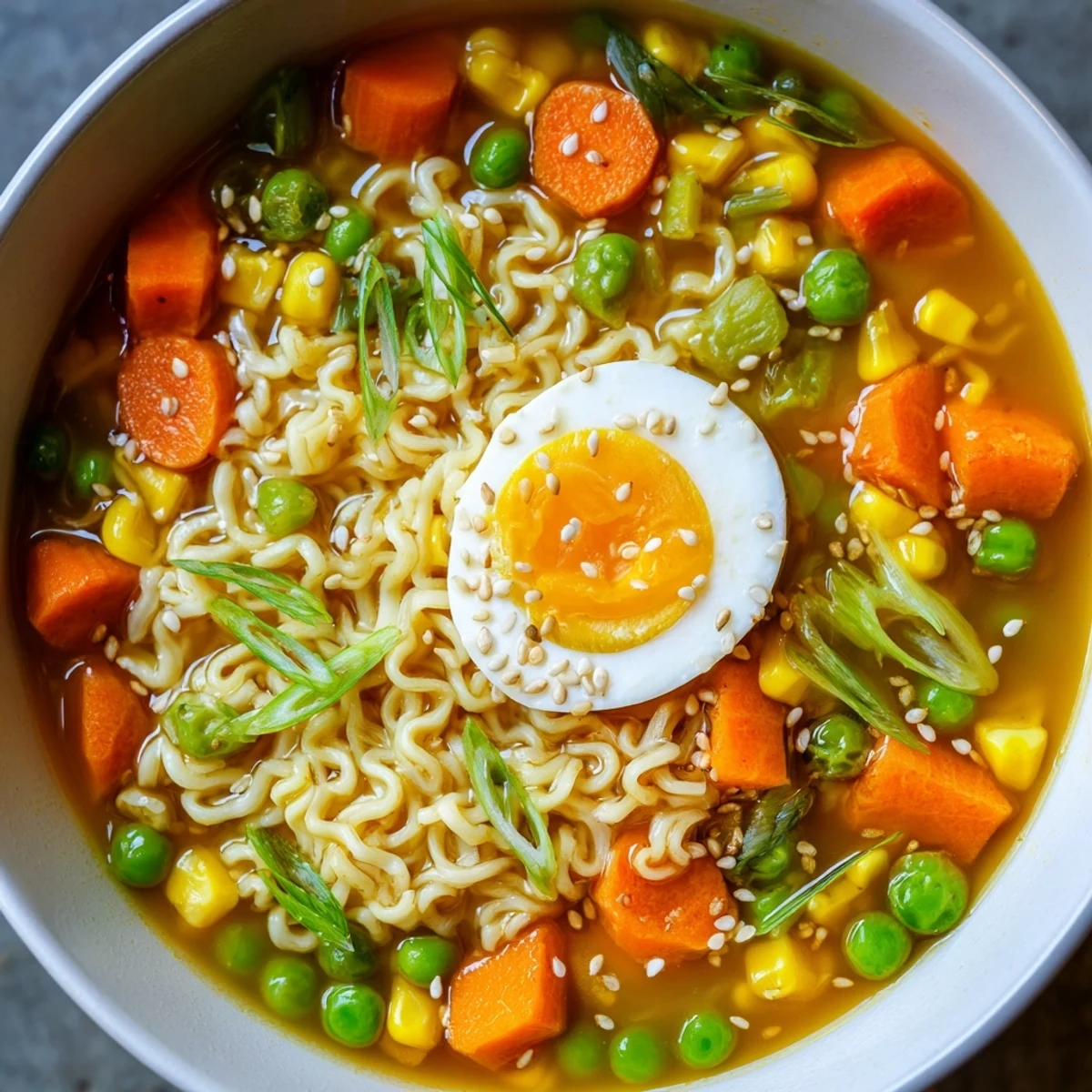 A close-up view of the delicious Ramen Upgrade with Frozen Peas, a quick and easy vegetarian ramen dish.