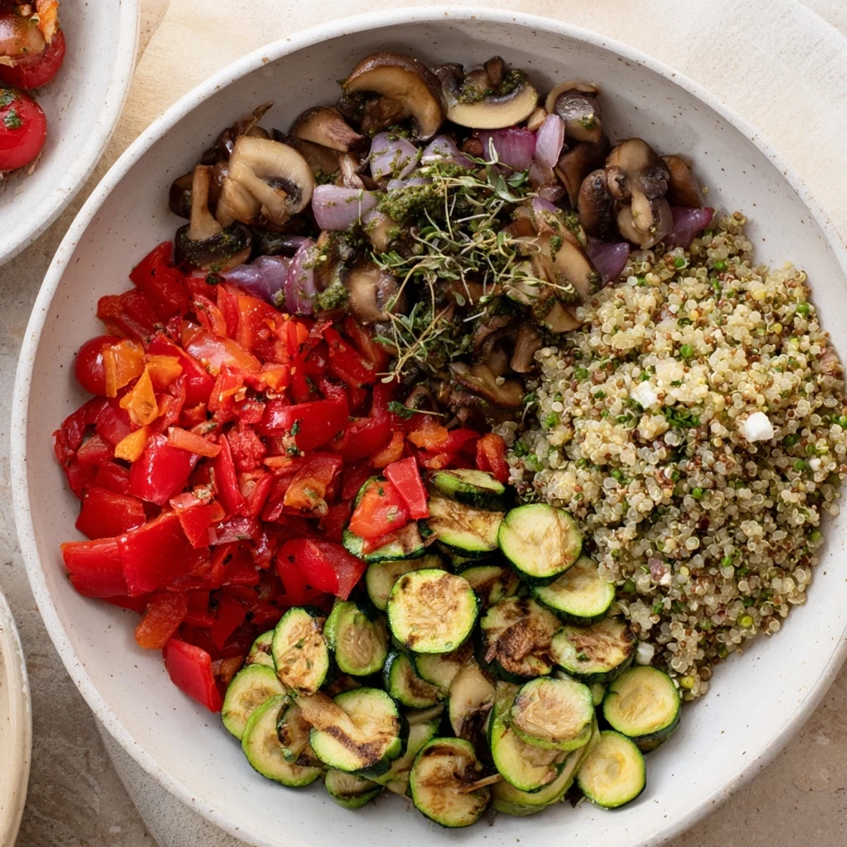 Fresh herbs and toasted sesame seeds top a beautiful platter of The Spice Route ready to eat.