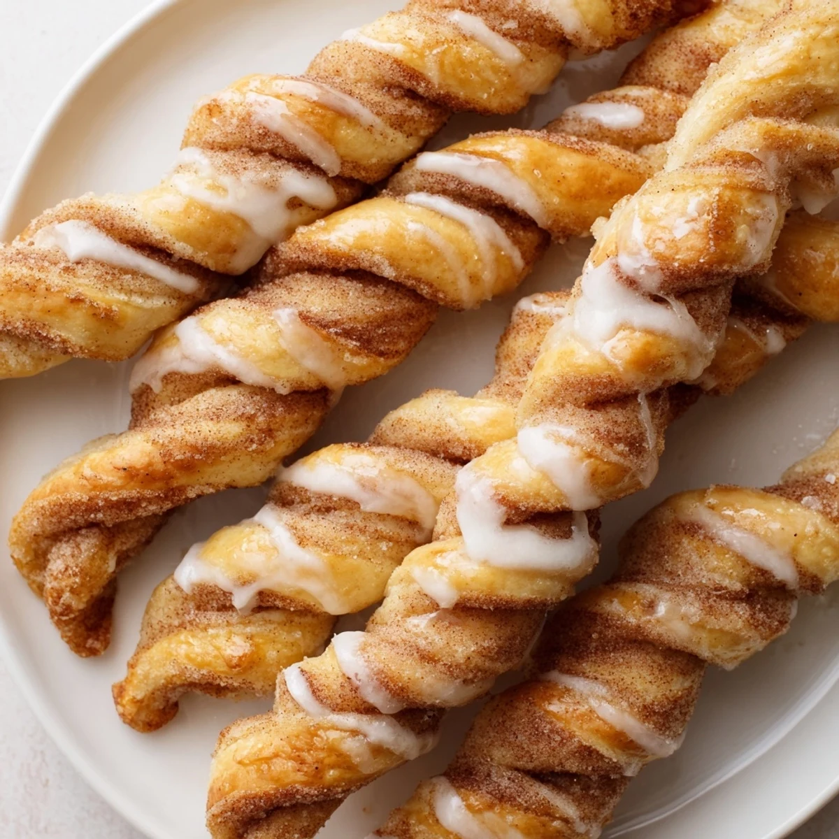 Freshly-baked air-fryer cinnamon roll twists, perfectly twisted and drizzled with a creamy glaze.