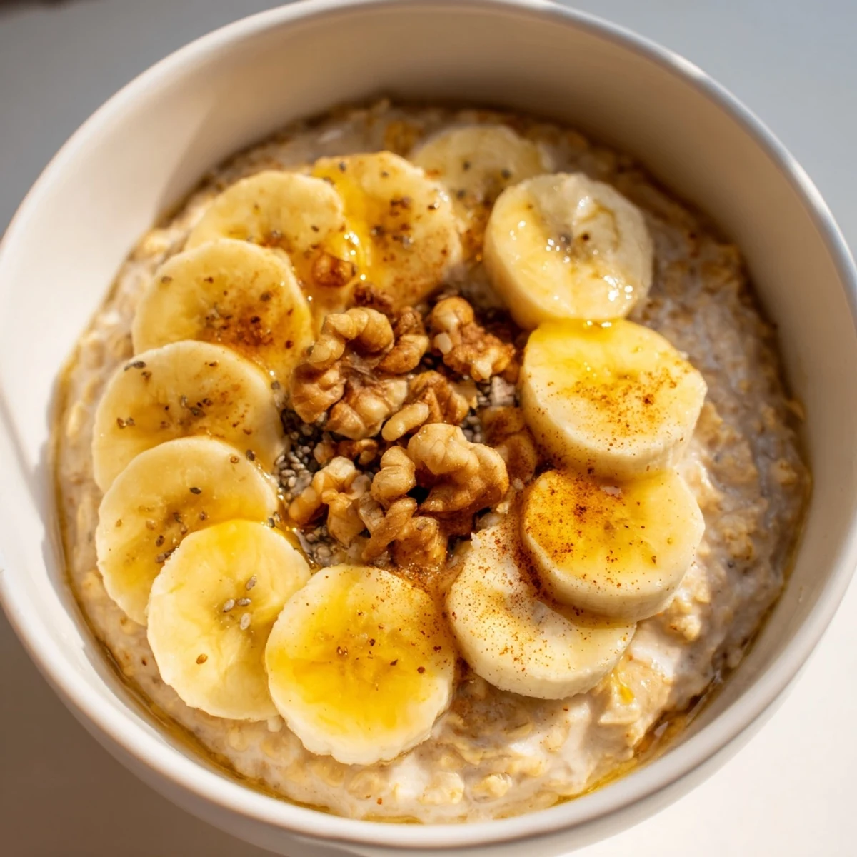 Close-up of a delightful 2-minute Microwave Banana Oats bowl, showing soft oats and sweet banana slices.
