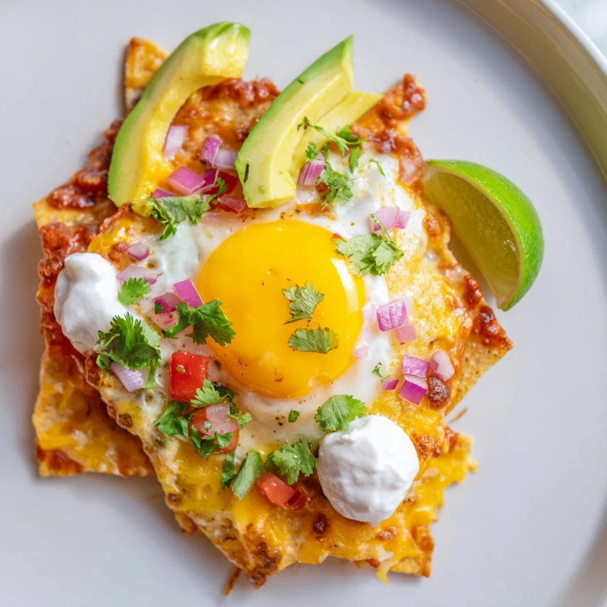Egg-Topped Breakfast Nachos: A colorful platter with melted cheese, fresh toppings, and perfectly cooked eggs.