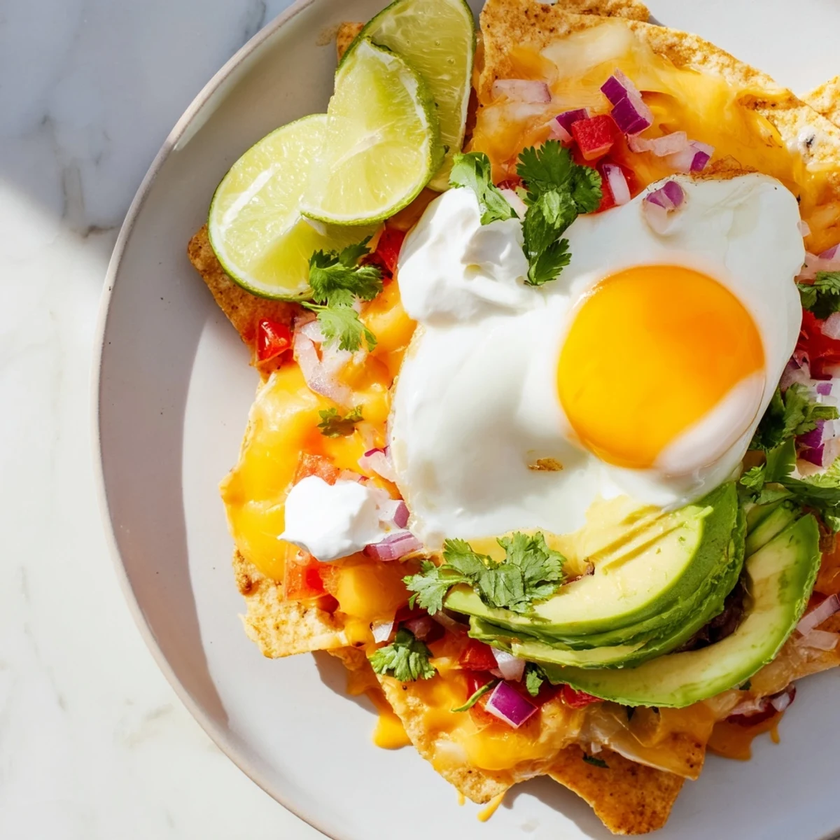 Imagine the savory aroma of Egg-Topped Breakfast Nachos, a delightful explosion of flavors ready to be enjoyed.