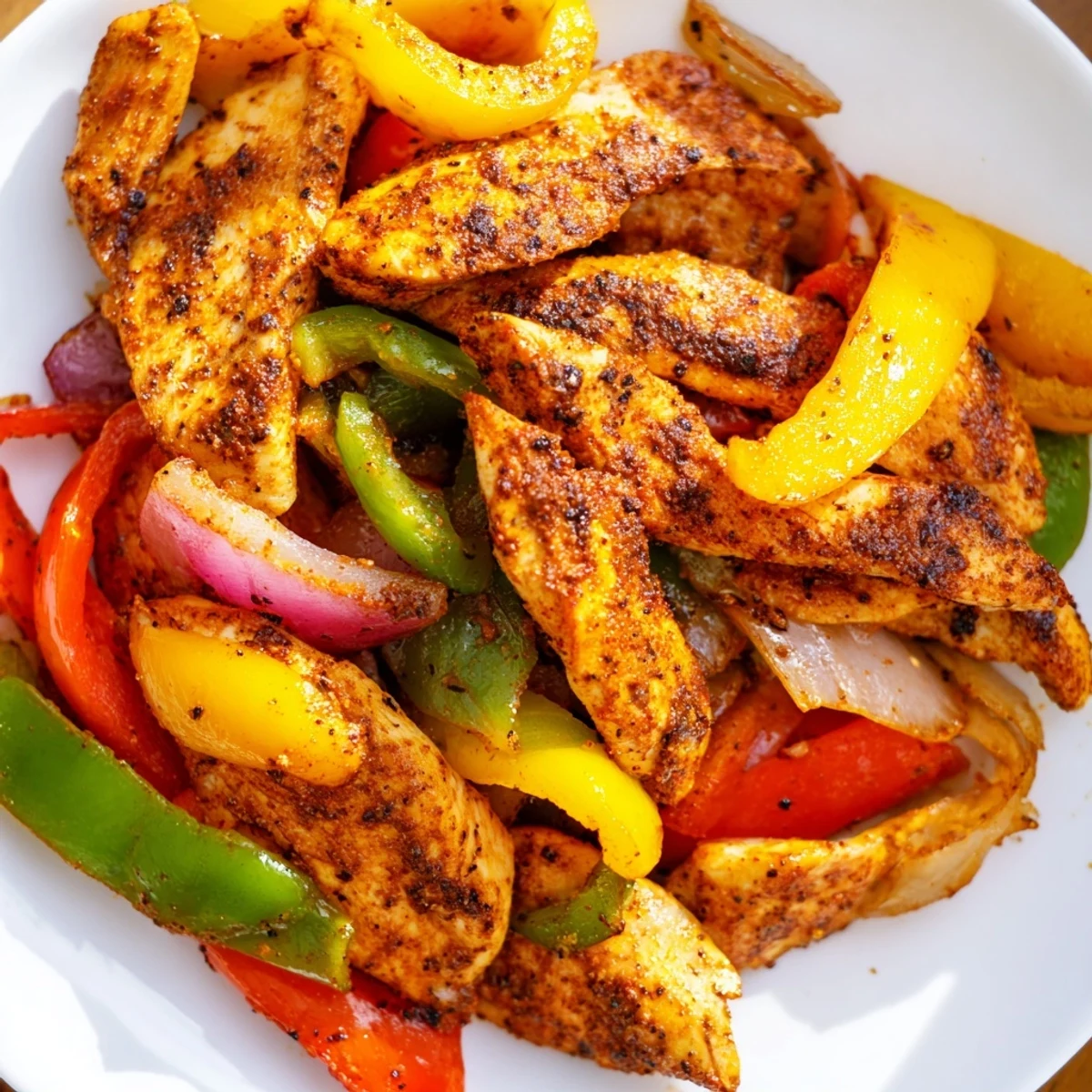 These sheet-pan chicken fajitas showcase tender chicken and bell peppers, ready to be wrapped in a warm tortilla.