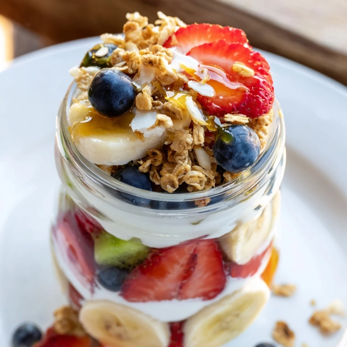 Layered yogurt fruit parfait with vibrant berries and crunchy granola, a light and creamy breakfast.