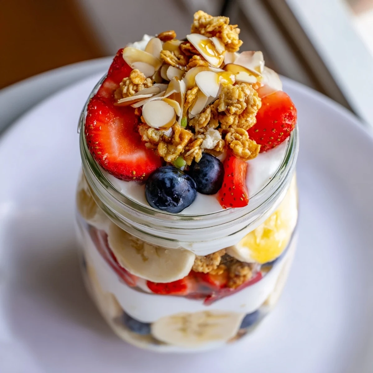 A beautiful layered yogurt fruit parfait featuring fresh fruit, perfect for a quick, healthy breakfast.