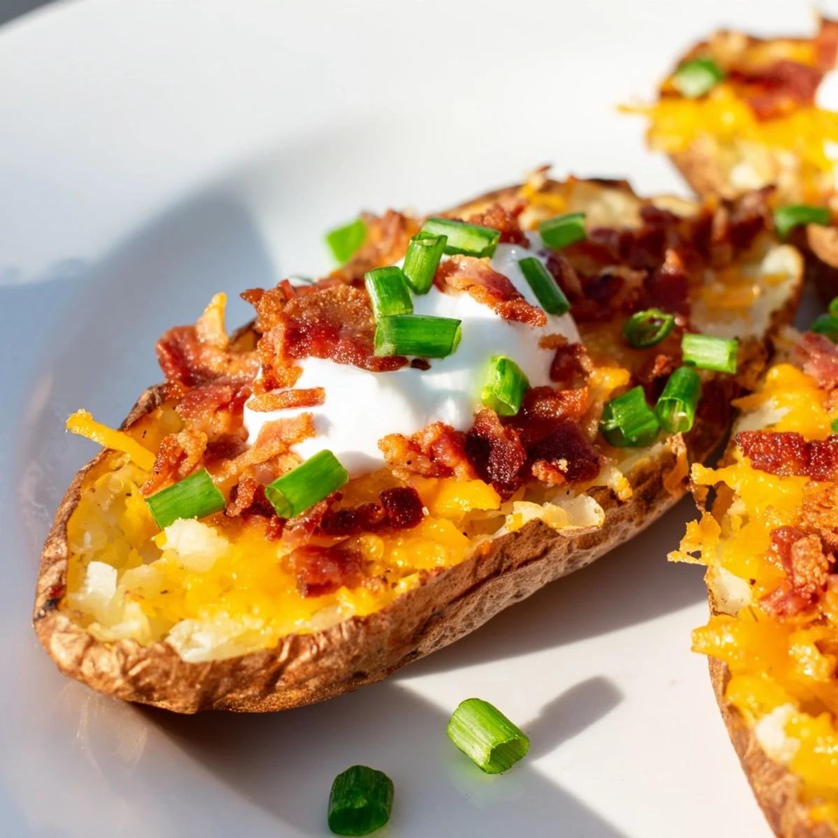 Golden, crispy Loaded Baked Potato Skins overflowing with melted cheddar cheese and crumbled bacon.