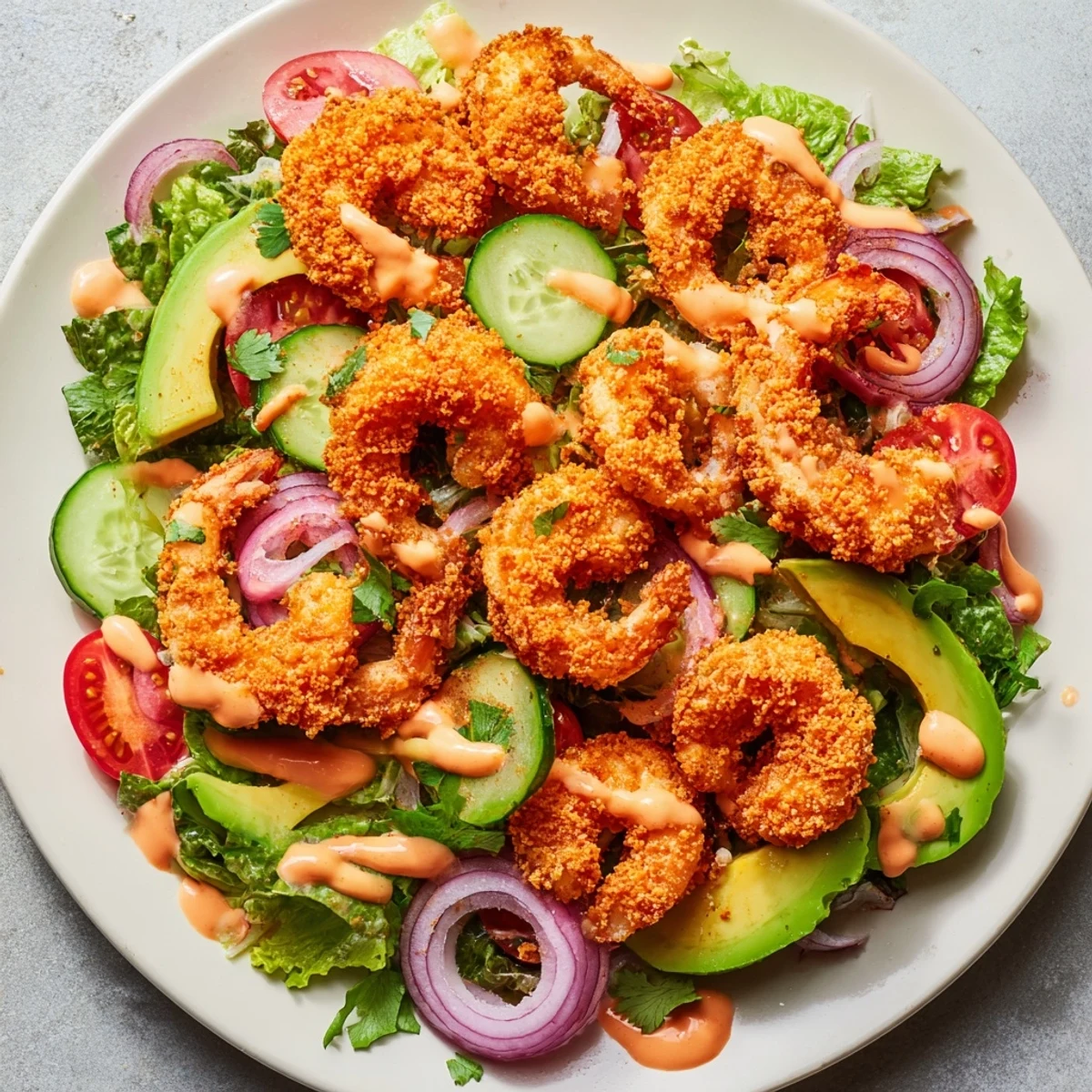 Golden-fried, crispy shrimp salad piled high, with creamy avocado and zesty dressing for lunch.