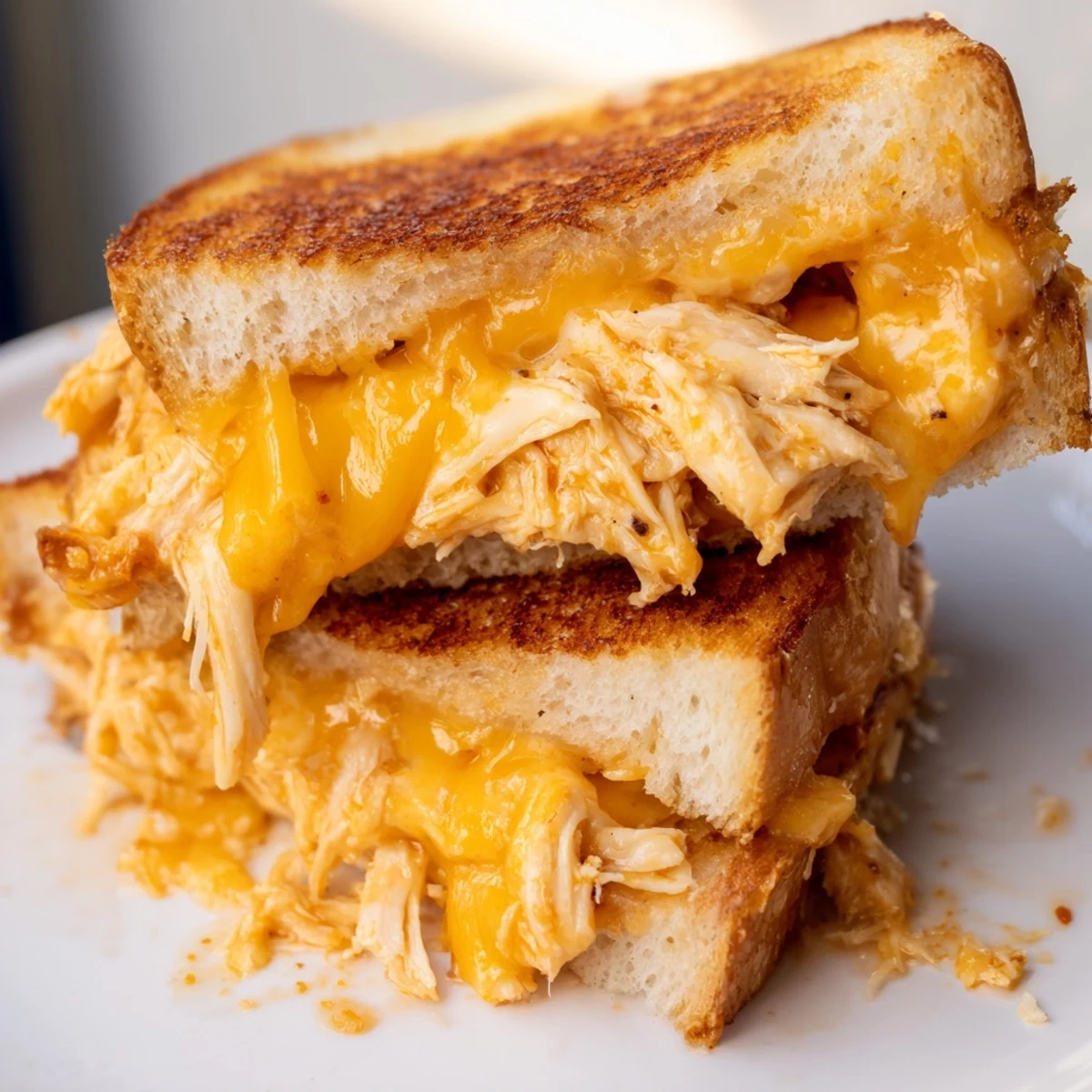 Close-up of a crispy, melty Chili Crisp Honey Chicken Grilled Cheese sandwich, a delicious American-Asian fusion dish.