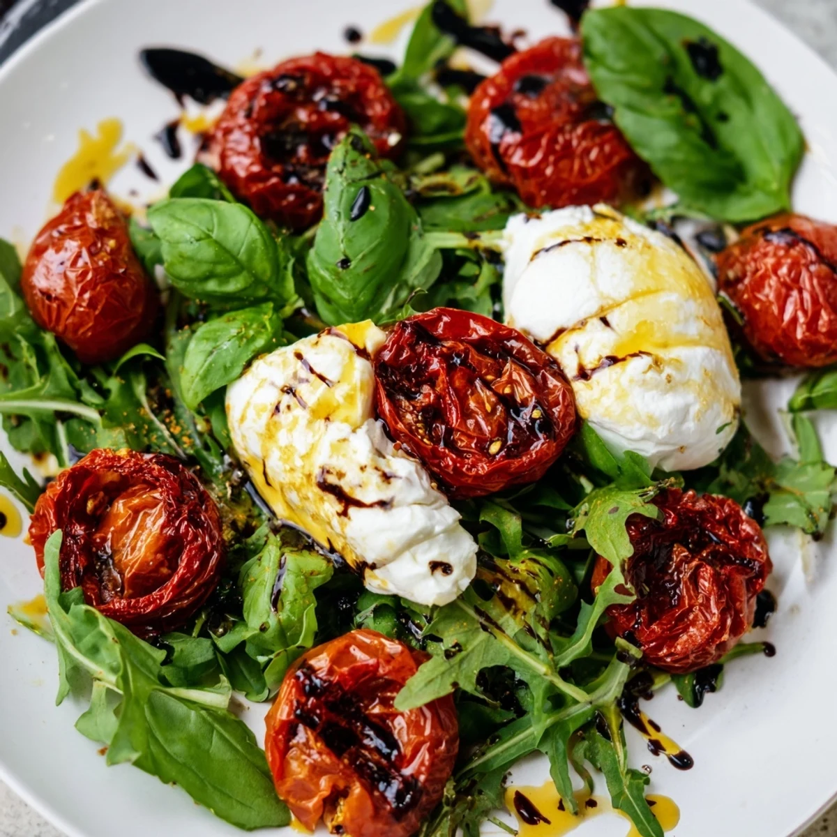 Vibrant Tomato Flight Salad with roasted tomatoes, creamy burrata, and fresh basil, a delicious Italian-inspired starter.