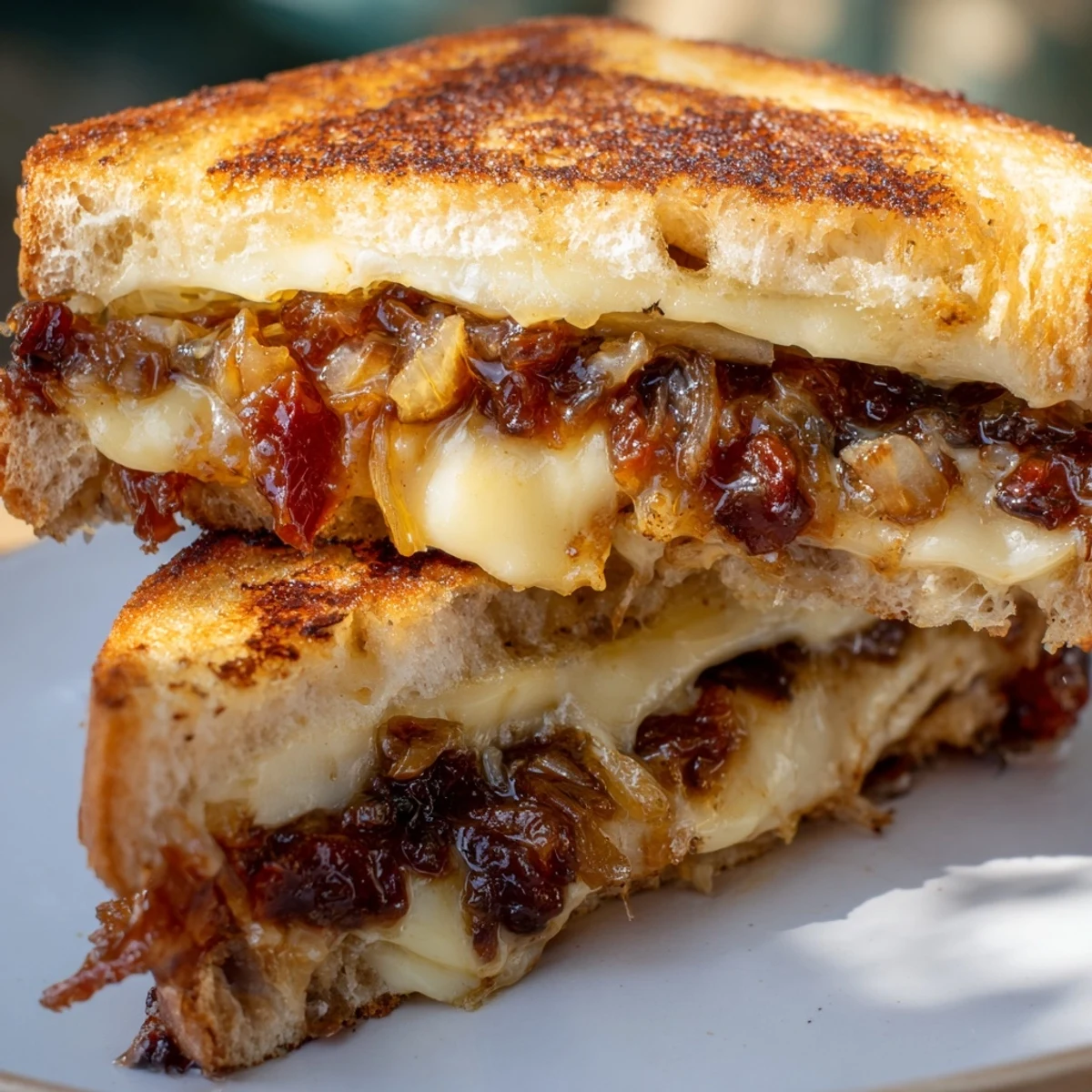 Warm, cheesy Bacon Jam Grilled Cheese just sliced, showing layers of bacon jam filling.