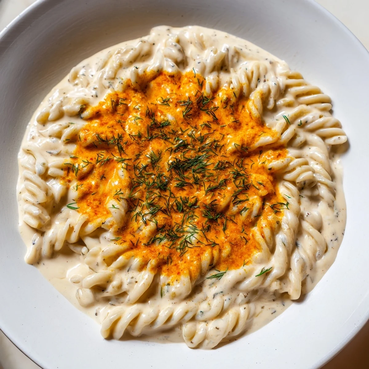A close-up of Turkish Yogurt Pasta, swirled pasta coated in a tangy yogurt sauce, ready to eat.