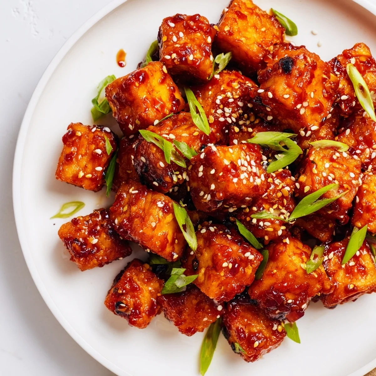 Golden, crispy Honey Gochujang Tofu glistening with a sweet and spicy sauce, ready to serve.