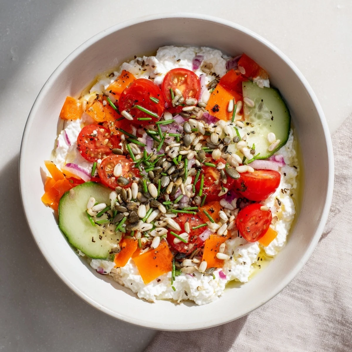 A colorful cottage cheese snack bowl, featuring fresh tomatoes and cucumber, perfect for quick lunches.