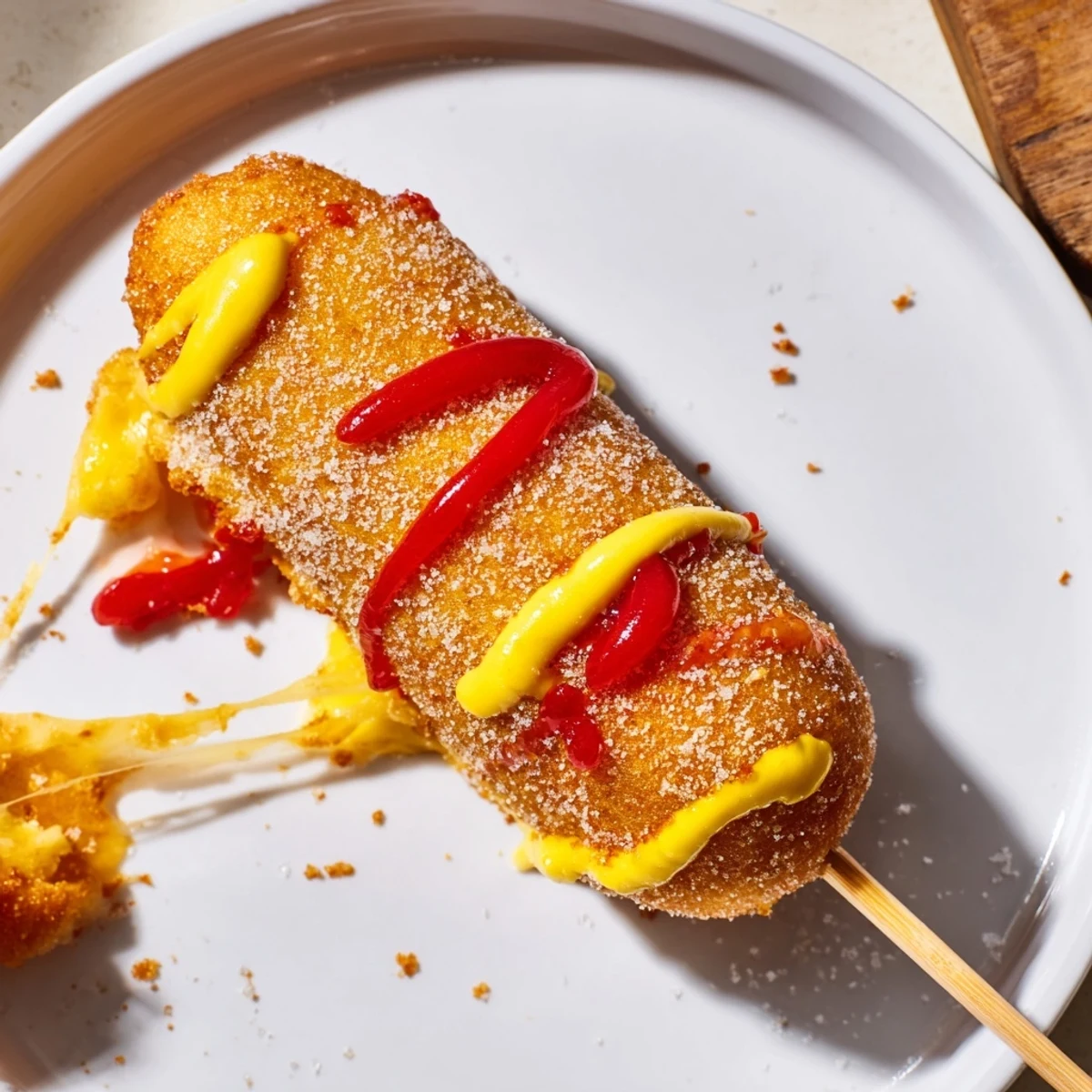 Golden-brown Cheesy Korean Corn Dogs, freshly fried and ready for a sweet sprinkle of sugar.