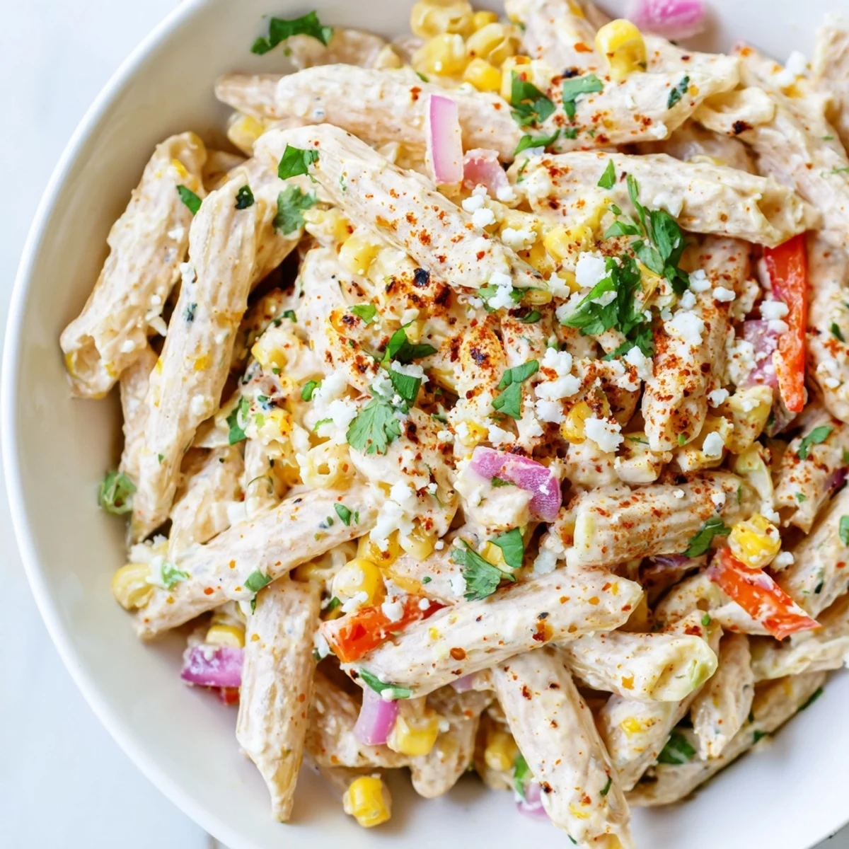 Creamy Mexican Street Corn Pasta, a flavorful vegetarian side with charred corn and cotija cheese.