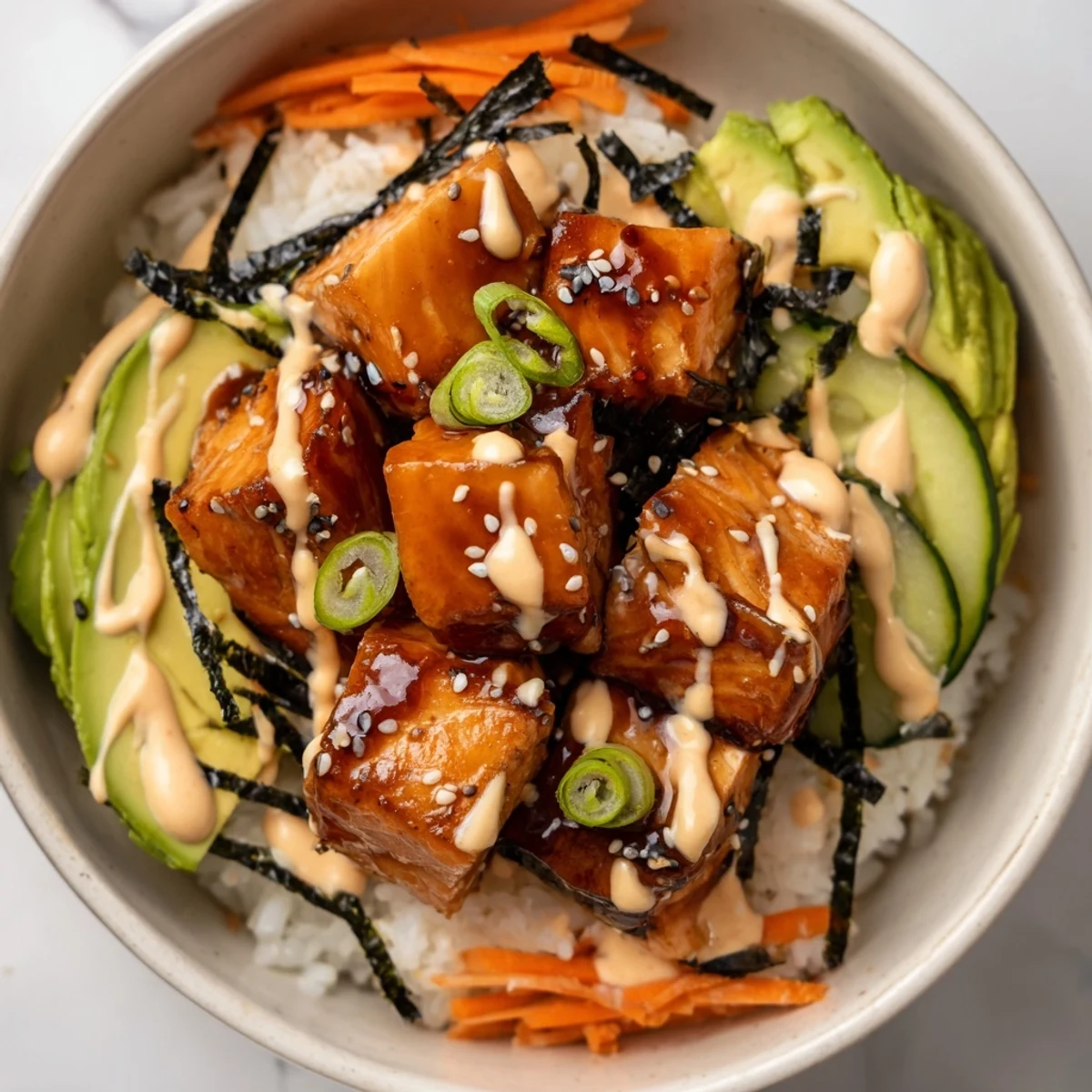 A colorful photo of a steaming teriyaki salmon rice bowl, perfect for a quick and easy weeknight dinner.